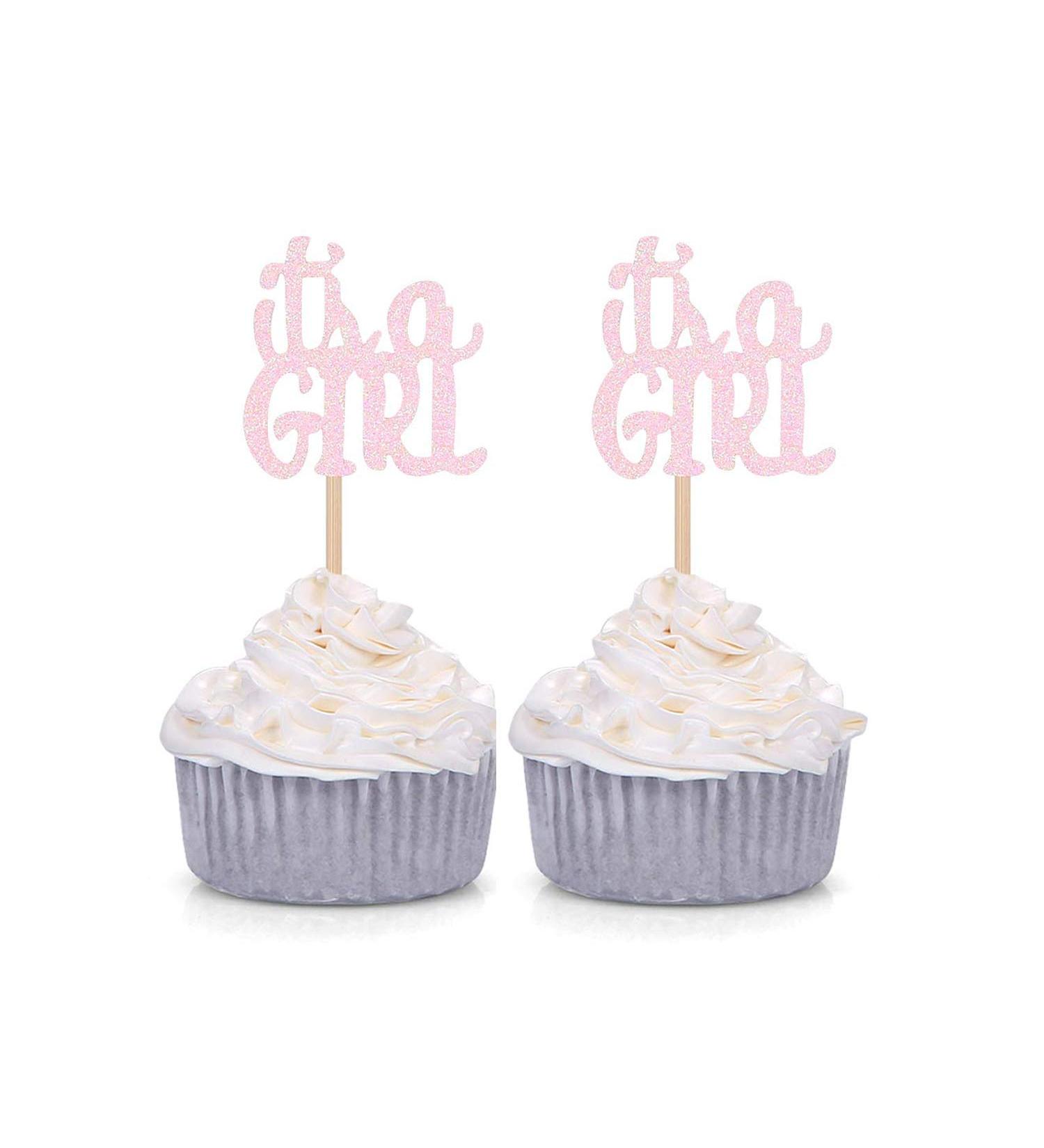 Pink Glitter It's a Girl Cupcake Toppers Gender Reveal Party Baby Shower Decorations Picks - Set of 24
