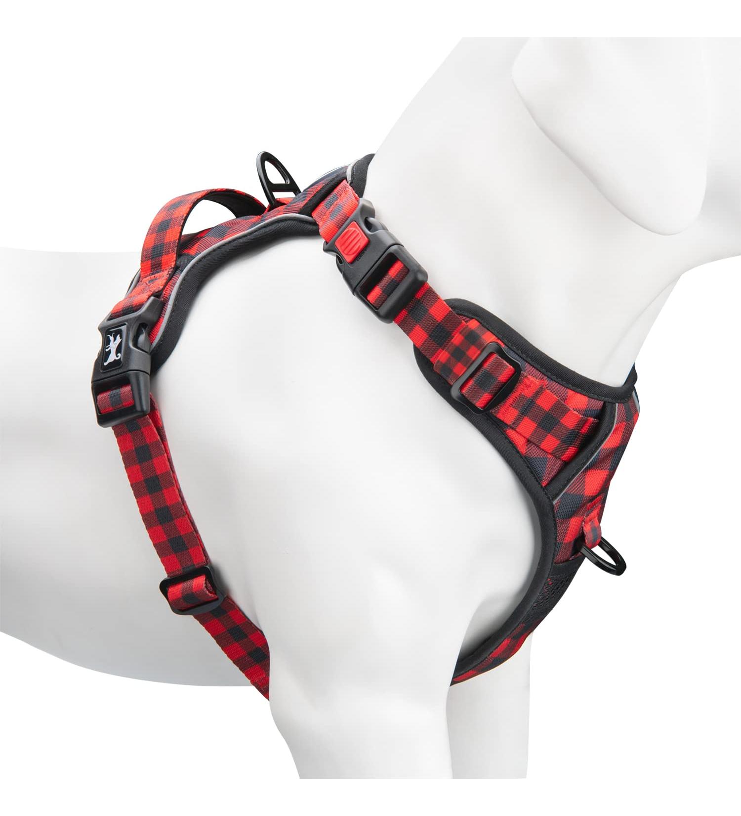 PoyPet No Pull Dog Harness Release on Neck Reflective Adjustable No Choke Pet Vest with Front & Back 2 Leash Attachments Soft Control Training Handle for Medium Dogs(Checkered Red M) M (Pack of 1) Checkered Red - Buy Online on GoSupps.com