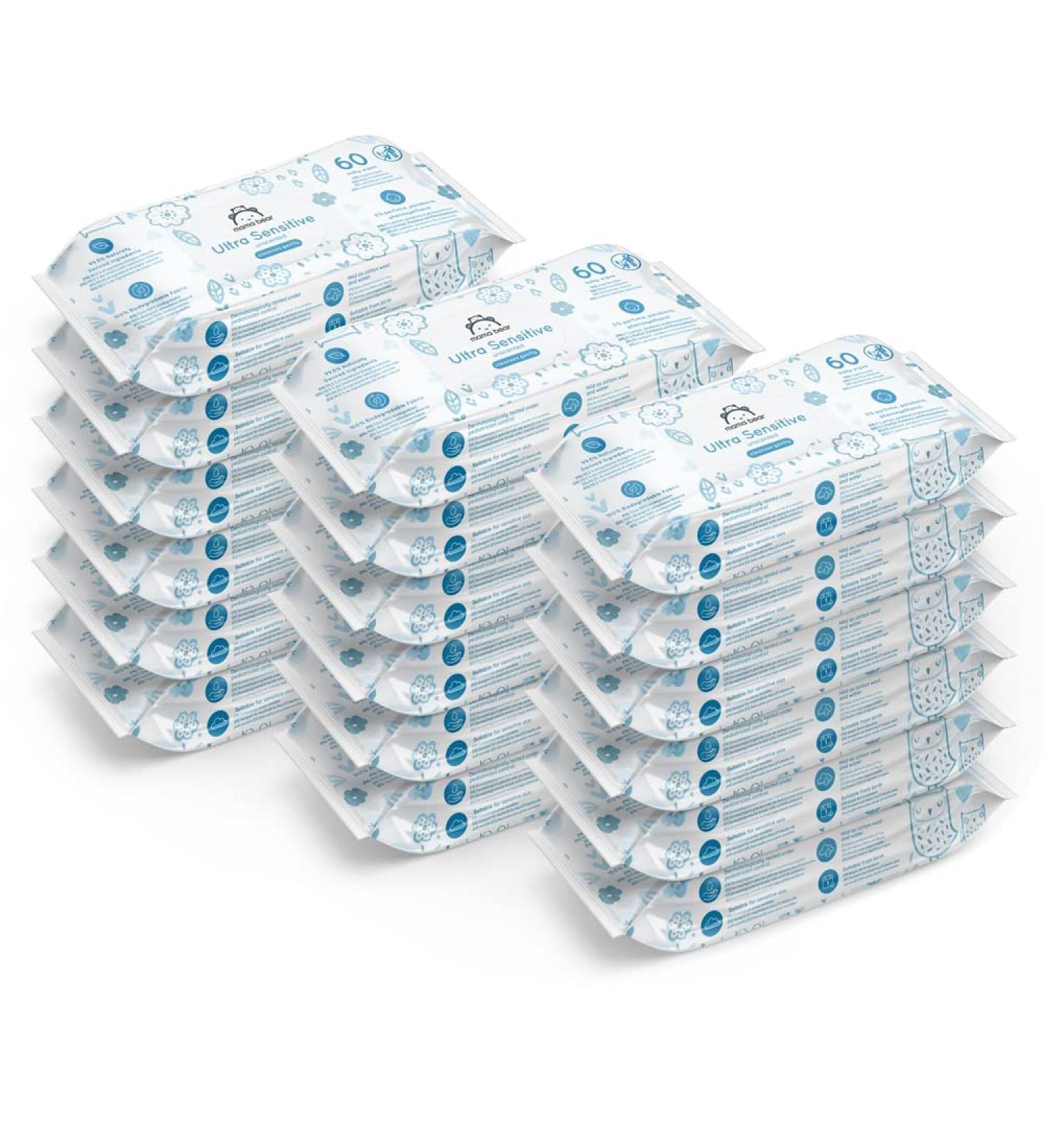 Amazon Mama Bear Ultra Sensitive Baby Wipes - Unscented 1080 Count (18 Packs of 60) - Gentle Hypoallergenic Perfect for Sensitive Skin - Buy Online on GoSupps.com