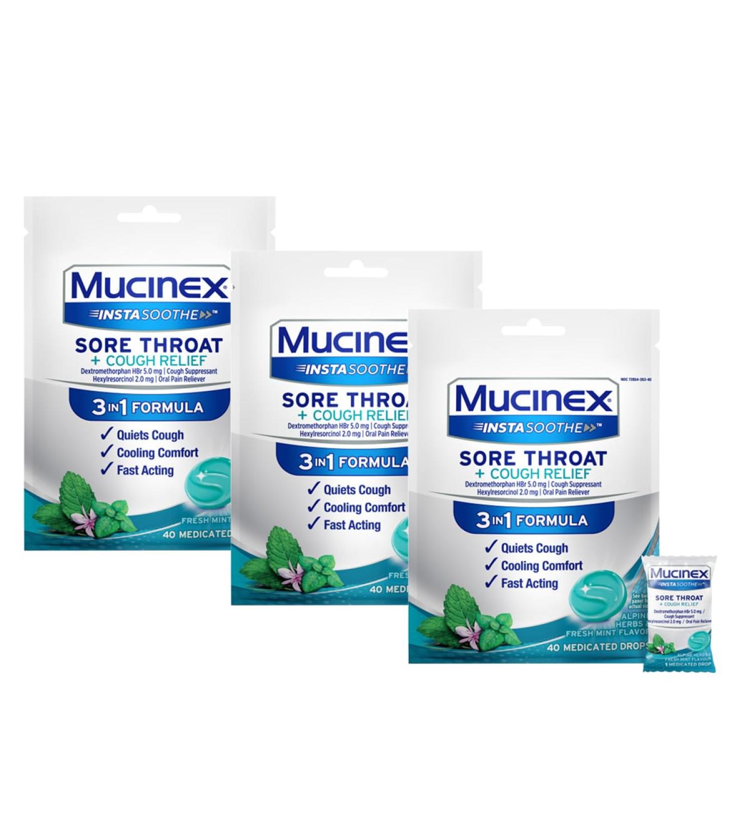 Mucinex InstaSoothe Sore Throat + Cough Relief Alpine Herbs & Mint Flavor Fast Acting Cooling Comfort Powerful Sore Throat Oral Pain Reliever 40 Medicated Drops (40 Count (Pack of 3)) - Buy Online on GoSupps.com