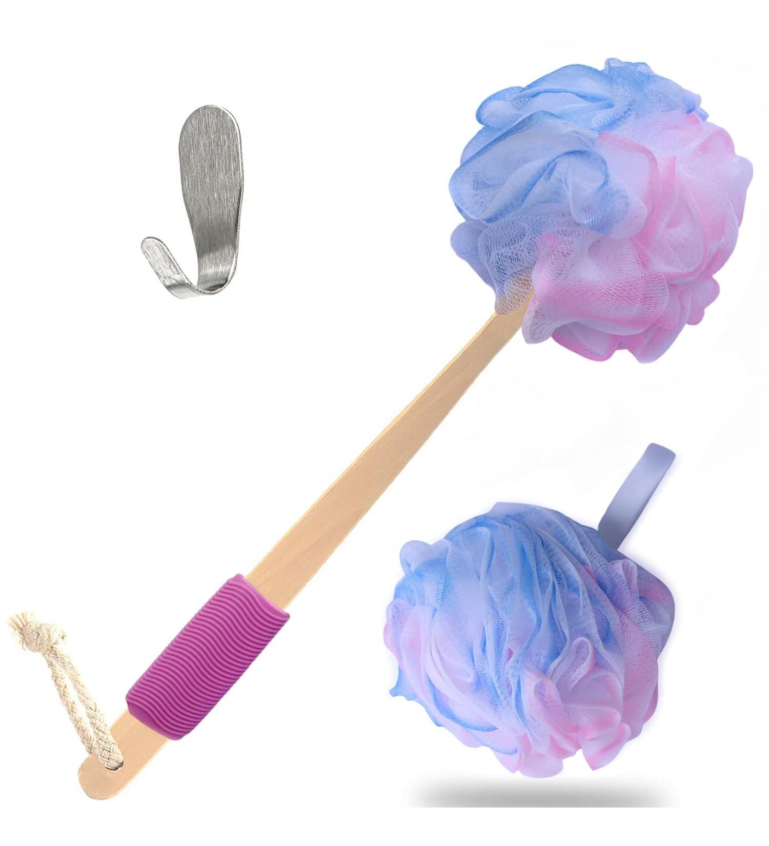 Loofah Back Scrubber - Bamboo Charcoal Fiber Bath Sponge Set for Men & Women - Includes Handle & Hook - Pink - Buy Online on GoSupps.com