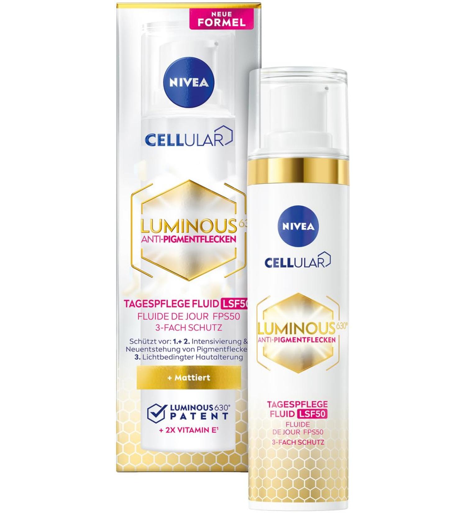 NIVEA Cellular Luminous630 Anti-Pigment Spots Day Care Fluid 40ml | Matting SPF 50 Facial Care with Vitamin E | Even Complexion Protection - Buy Online on GoSupps.com