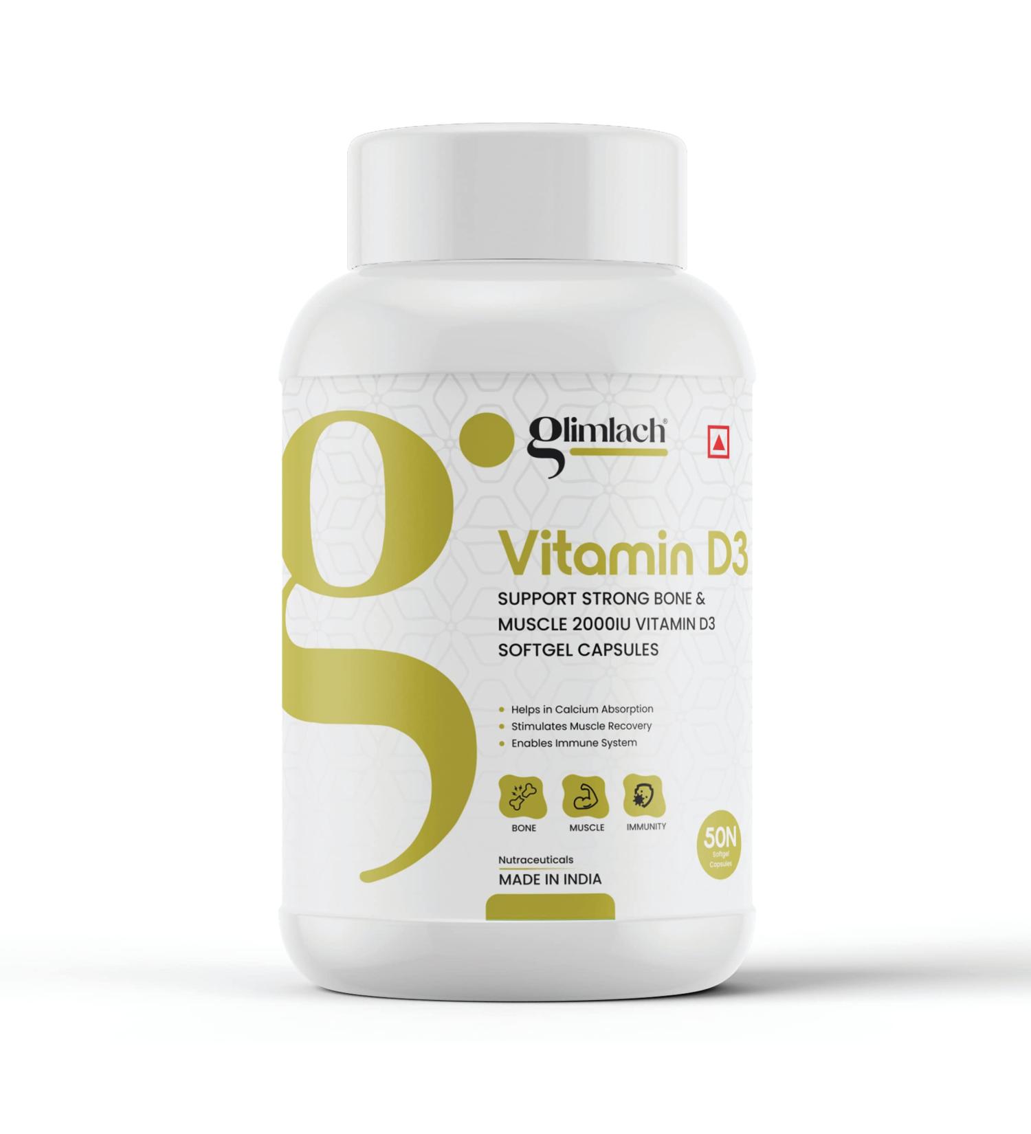 GLIMLACH Vitamin D3 50mcg (2000 IU) Vitamin D Immune Support & Promotes Calcium (Pack of 5 50 Tablet Each Jar) - Buy Online on GoSupps.com