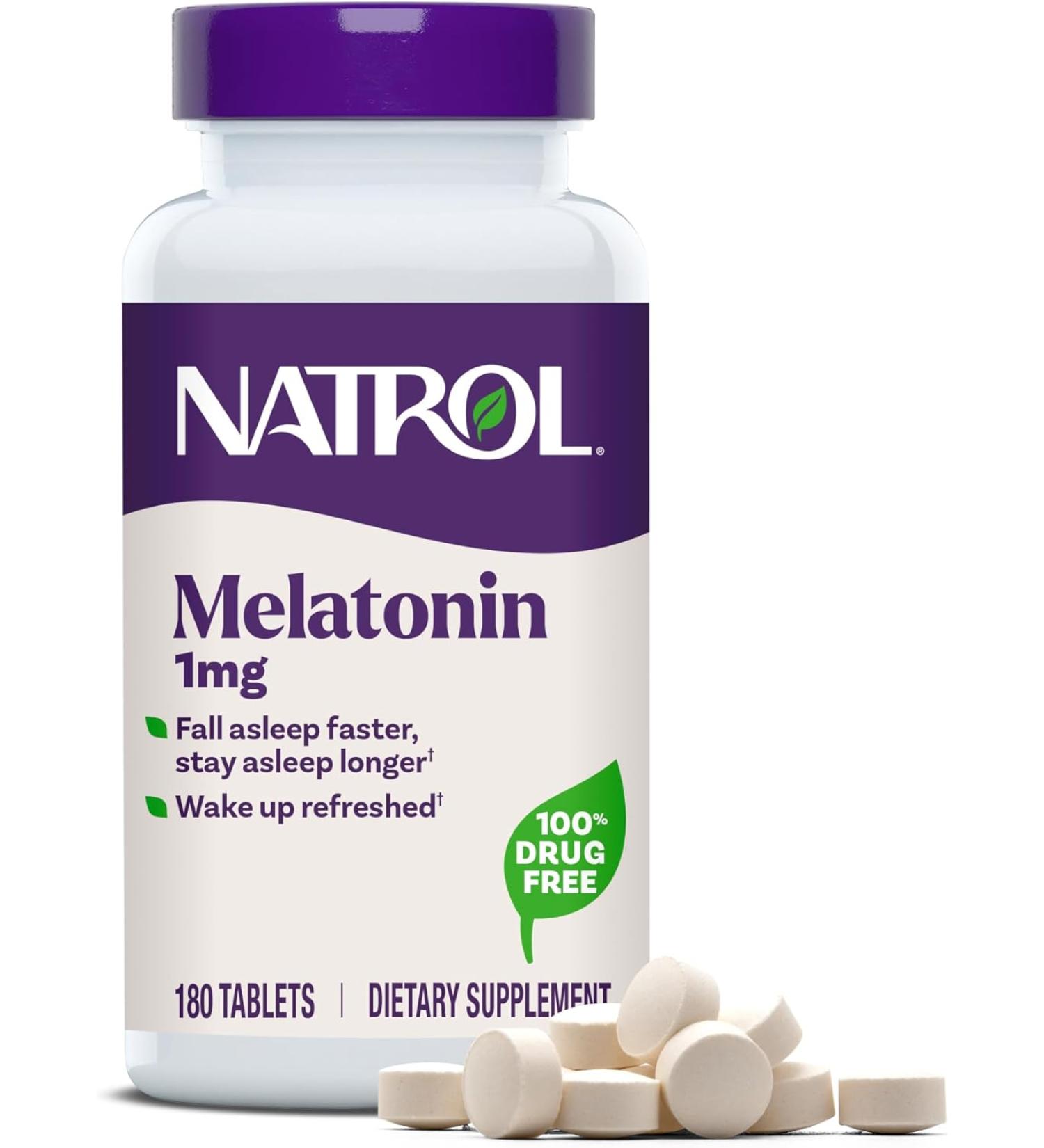 Natrol Melatonin Tablets 1mg 180 Count - Fall Asleep Faster, Stay Asleep Longer, Strengthen Immune System - 100% Vegetarian - Buy Online on GoSupps.com