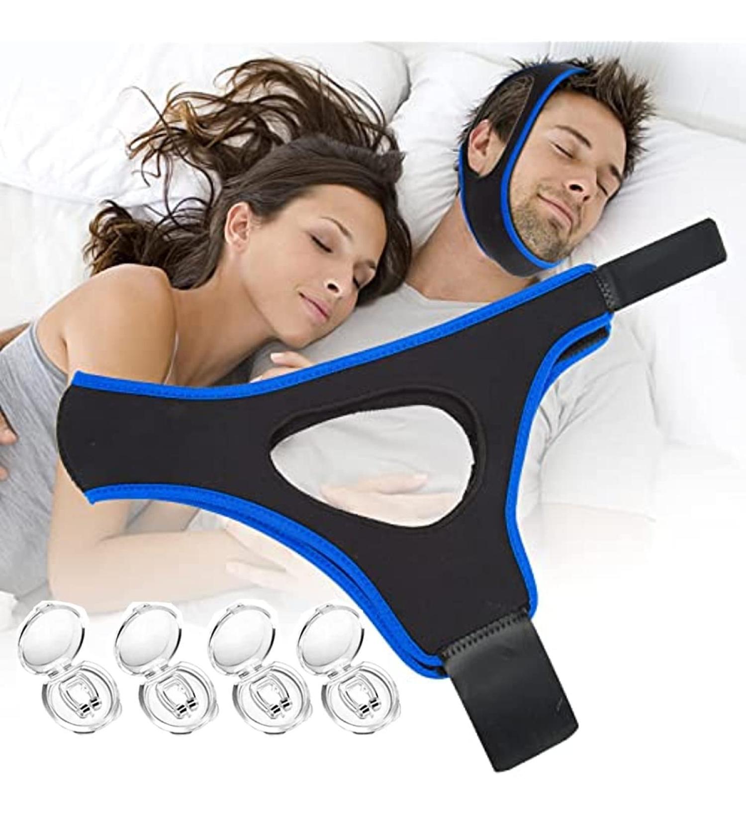 Adjustable Anti Snoring Chin Strap with 4 Nose Clips - Effective Snoring Solution in Blue and Black - Buy Online on GoSupps.com
