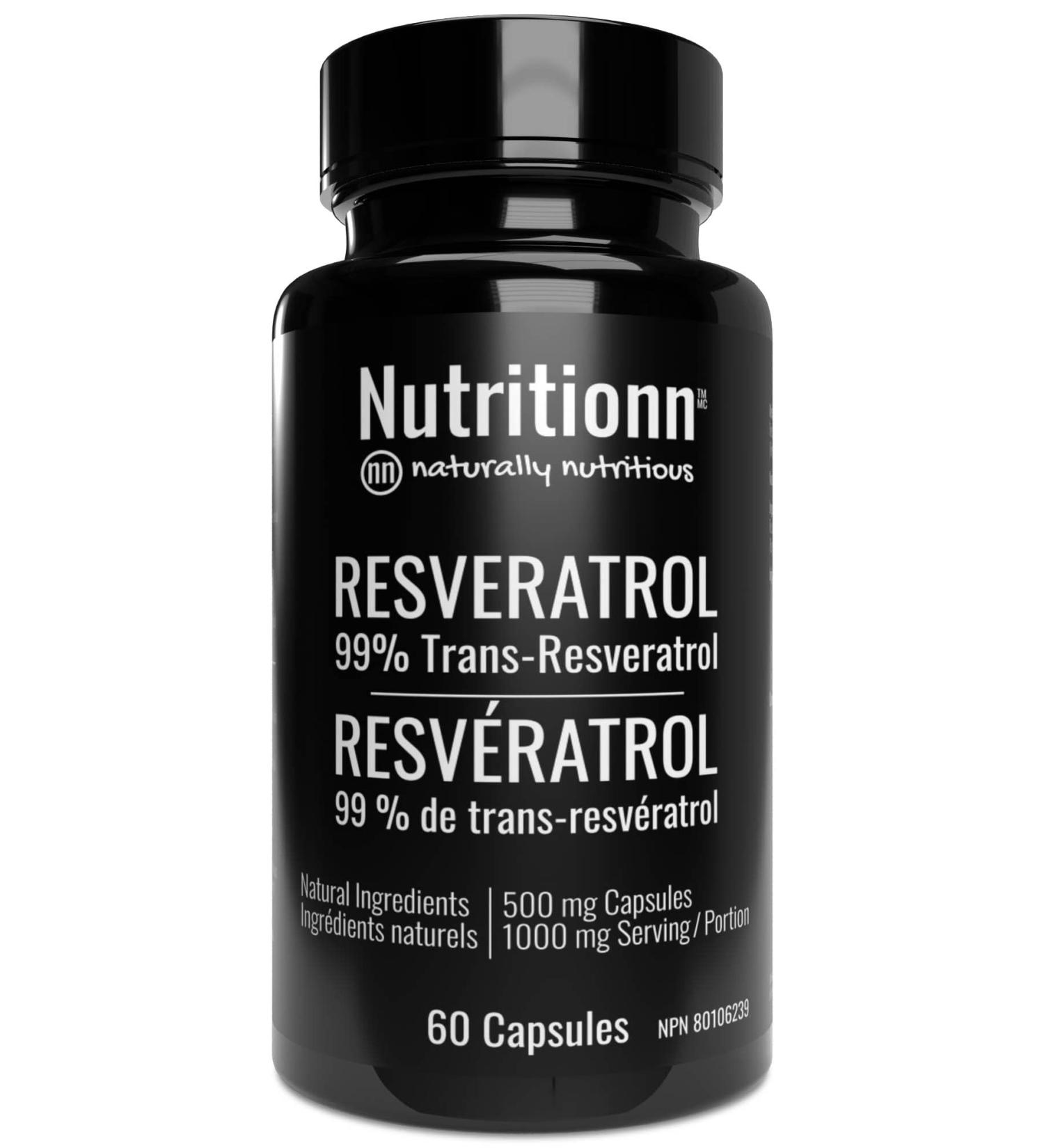 Nutritionn Resveratrol 99% Trans-Resveratrol - 500mg per Capsule, 1000mg Serving - Premium Natural Health Supplement - Buy Online on GoSupps.com