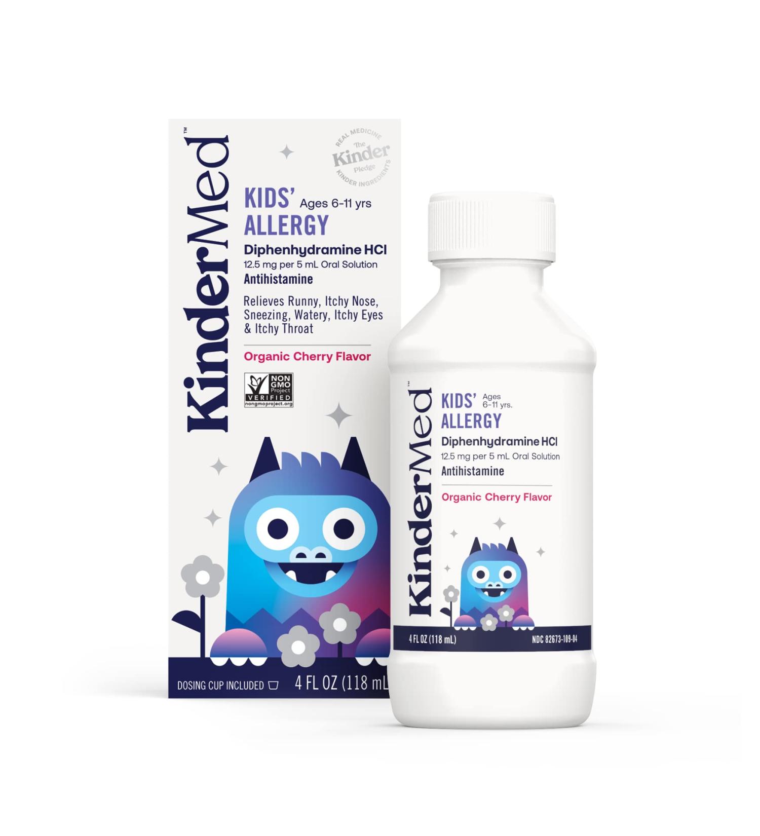 KinderMed Kids Allergy Medicine with Diphenhydramine HCl | Dye-Free Allergy Relief | Organic Cherry Flavor 4 Fl Oz