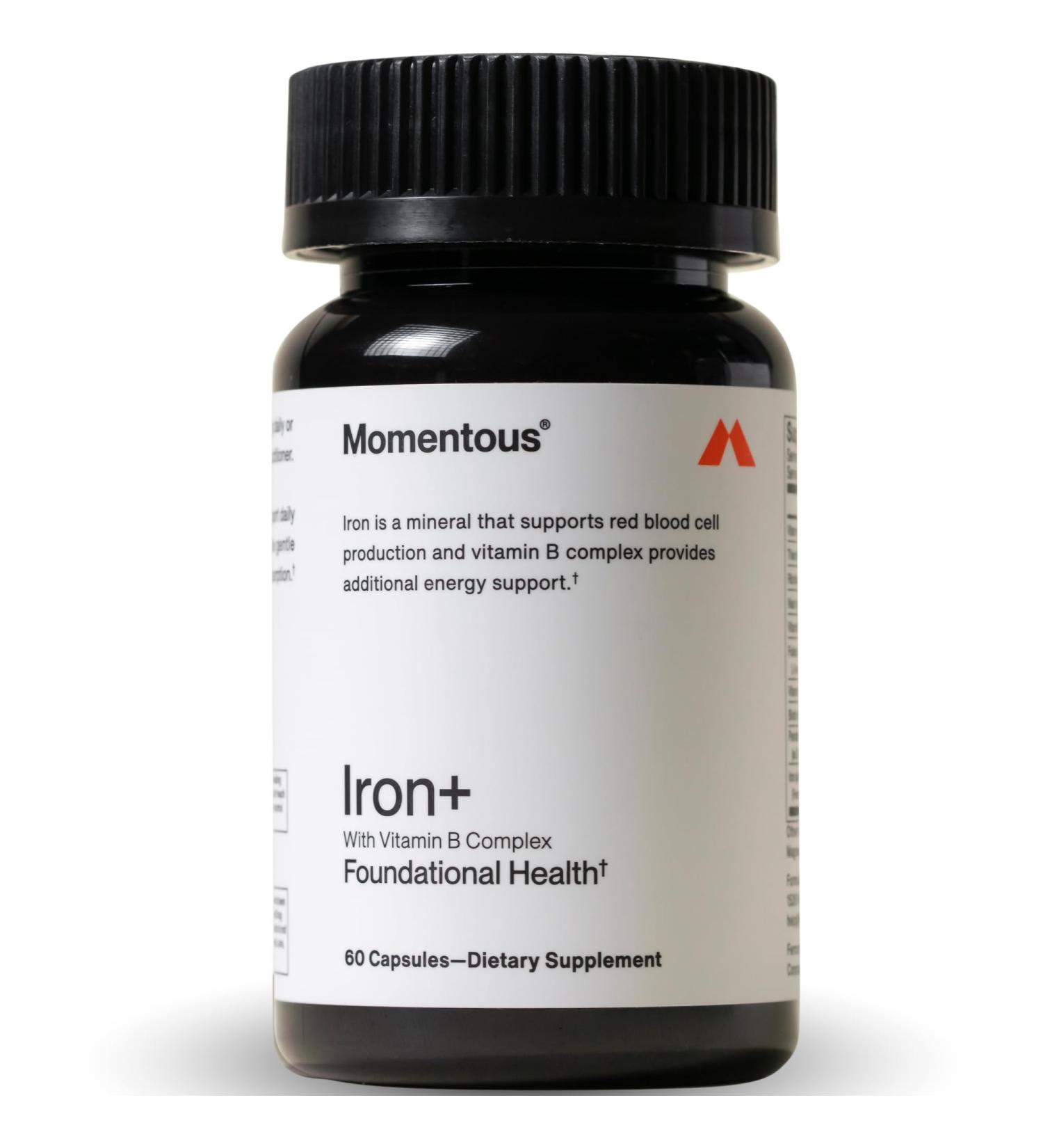 Momentous Iron+ with Vitamin C & Vitamin B Complex - Ferrochel Iron Capsules for Foundational Health Support - NSF Certified for Sport - Gluten-Free - 60 Servings - Buy Online on GoSupps.com