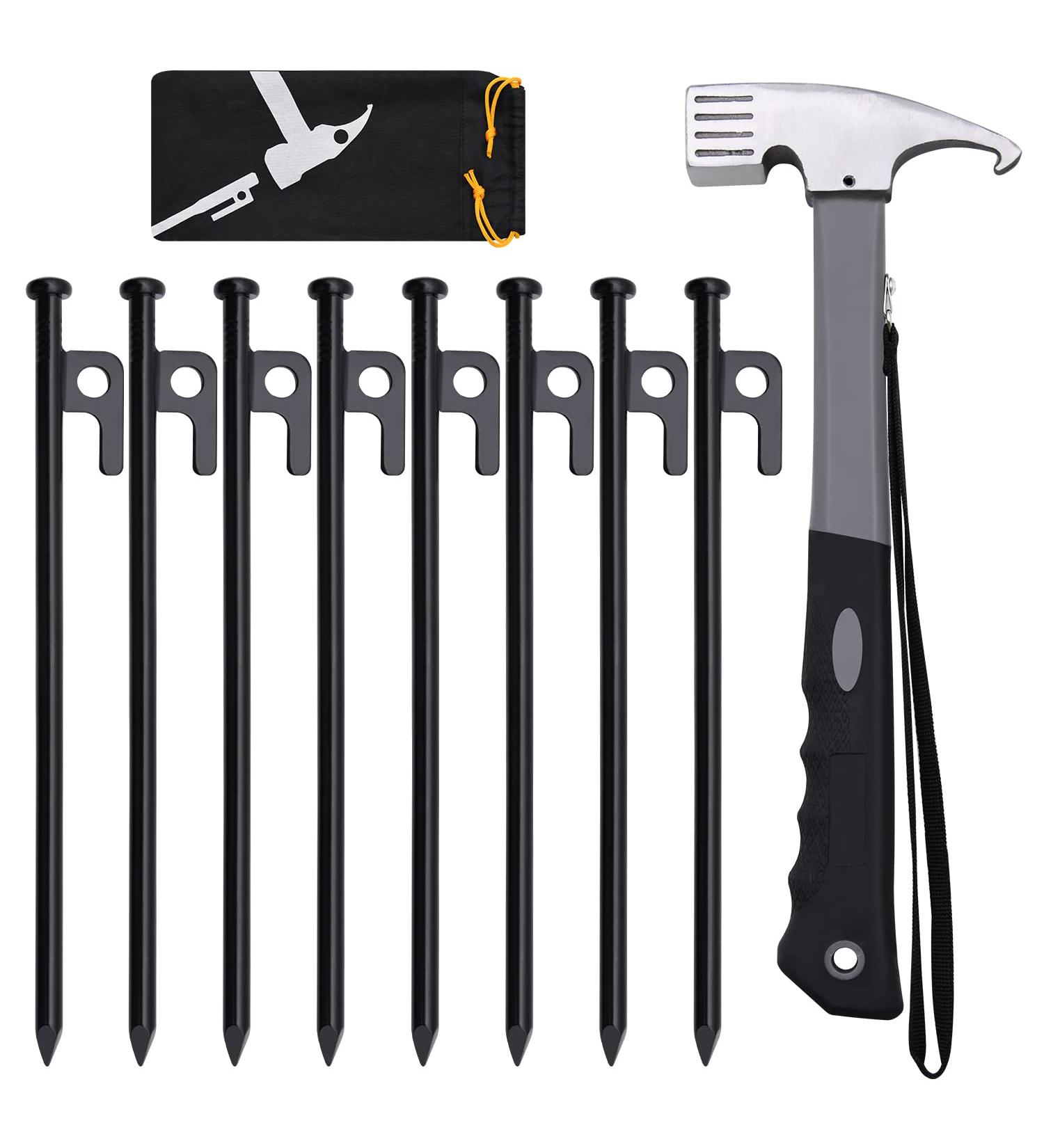 10in Forged Steel Tent Stakes & 12in Camping Hammer Set - 8/16pcs Heavy Duty with Storage Pouch | Ideal for Rocky Terrain, Desert, Snowfield, Grassland - Buy Online on GoSupps.com