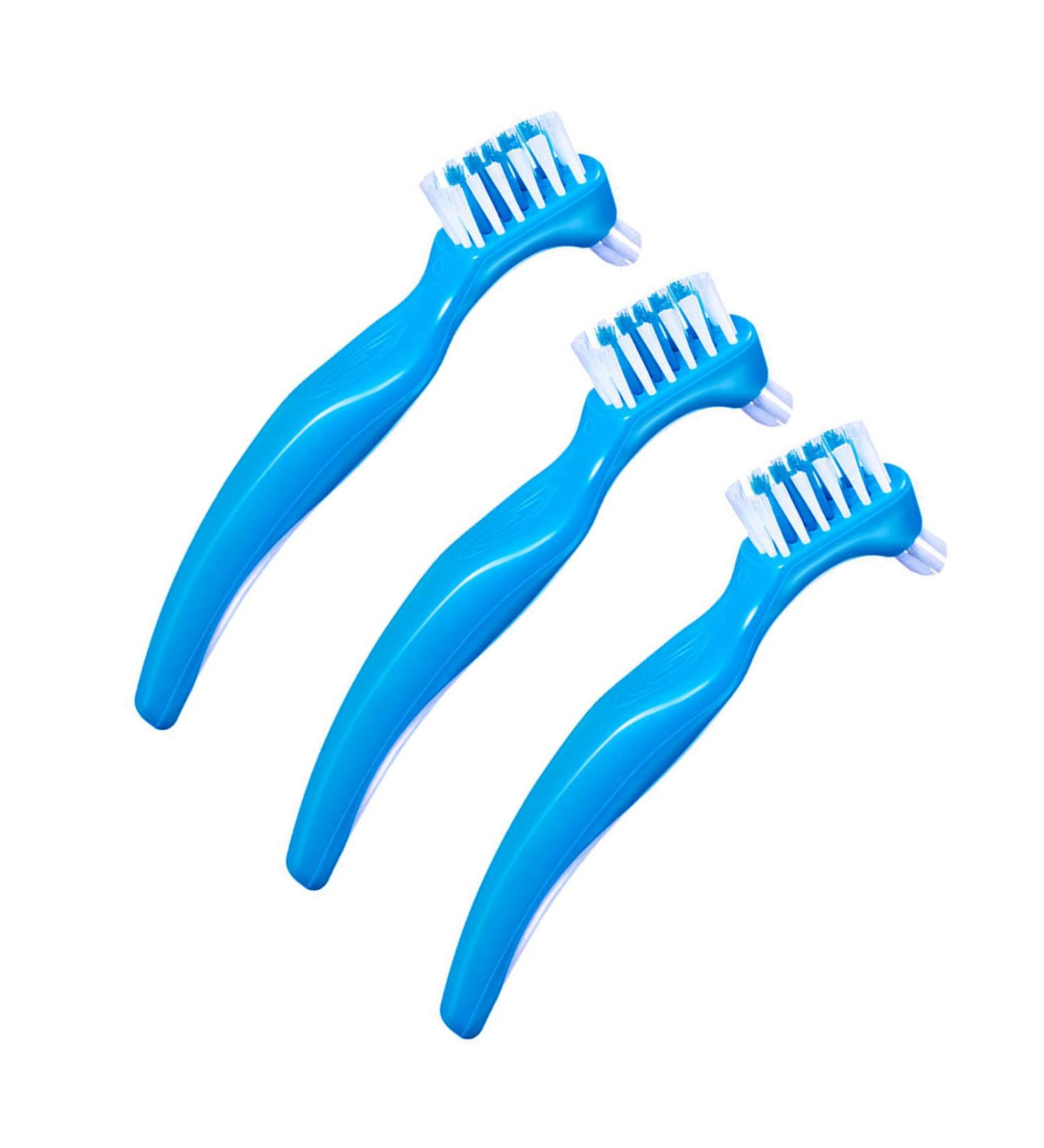3-Piece Portable Prosthesis Cleaning Brush Set | Double-Sided Dental Care Brush for False Teeth - Blue - Buy Online on GoSupps.com