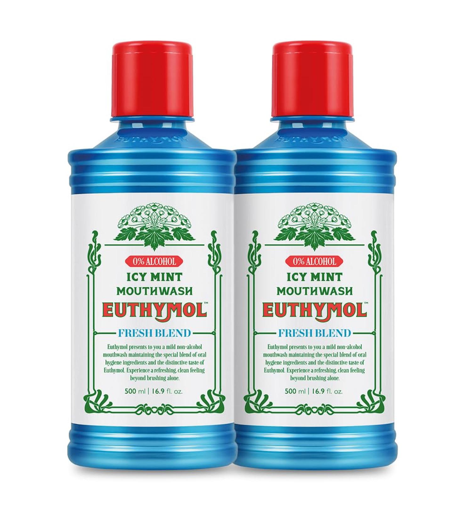 Euthymol Mouthwash Icy Mint 500ml X2 With Fluoride AlcoholFree Strong Flavour Reduces Plaque Cleaning Teeth & Gums Fresh Breath Daily Oral Care - Buy Online on GoSupps.com