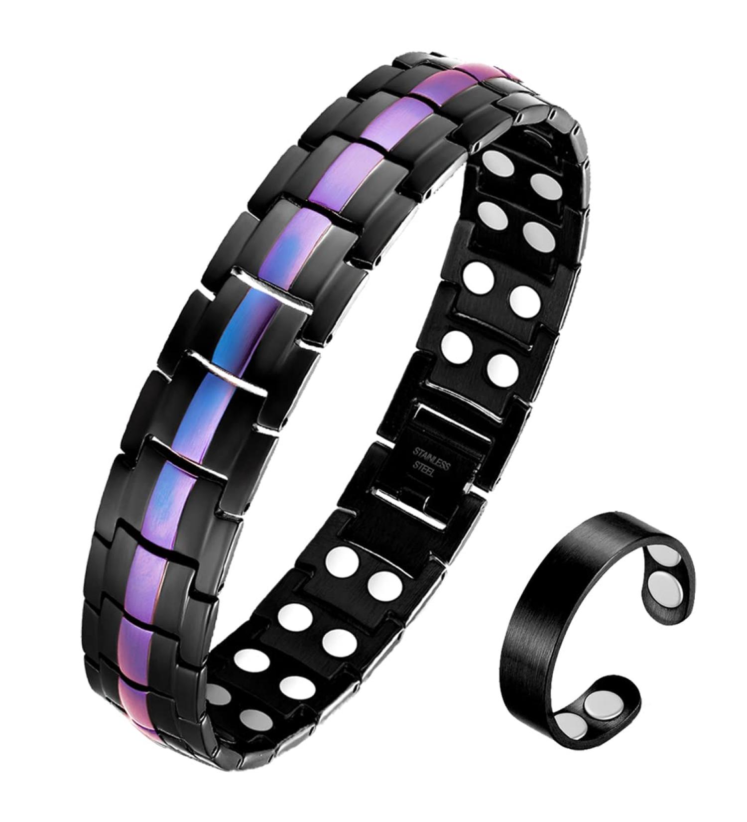 Vicmag Men Magnetic Bracelet Double Row 3500 Gauss Titanium Steel Wristband Adjustable Bracelet with Tool & Gift Box - Purple Line - Buy Online on GoSupps.com