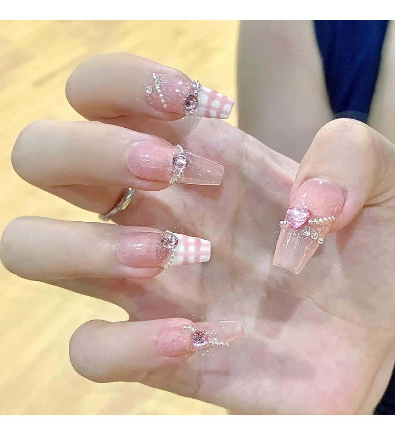 14.Noapasa Nail Costume Pressed Fake Nails 3D Pink Glitter Rhinestones Long Soft Gel French Nails Fake Nails Short 24Pcs (Pink) - Buy Online on GoSupps.com