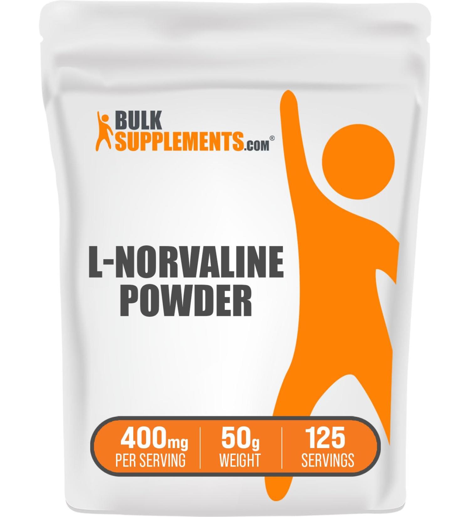 BulkSupplements L-Norvaline Powder - Premium Nitric Oxide & Amino Acid Supplement Gluten Free 400mg/Serving 50g 125 Servings - Fast International Shipping - Buy Online on GoSupps.com