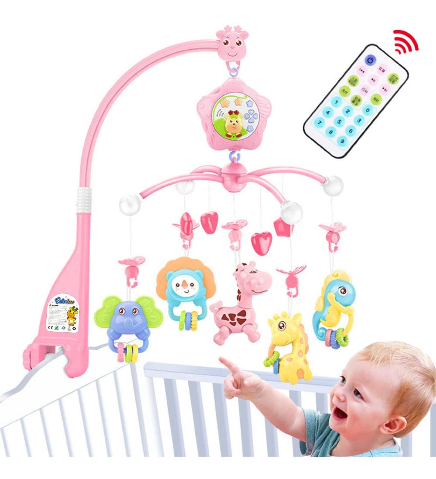 Baby mobile for crib with lights and musicial Projection Hanging Rotating Teether for girl (Pink) Pink-forest - Buy Online on GoSupps.com