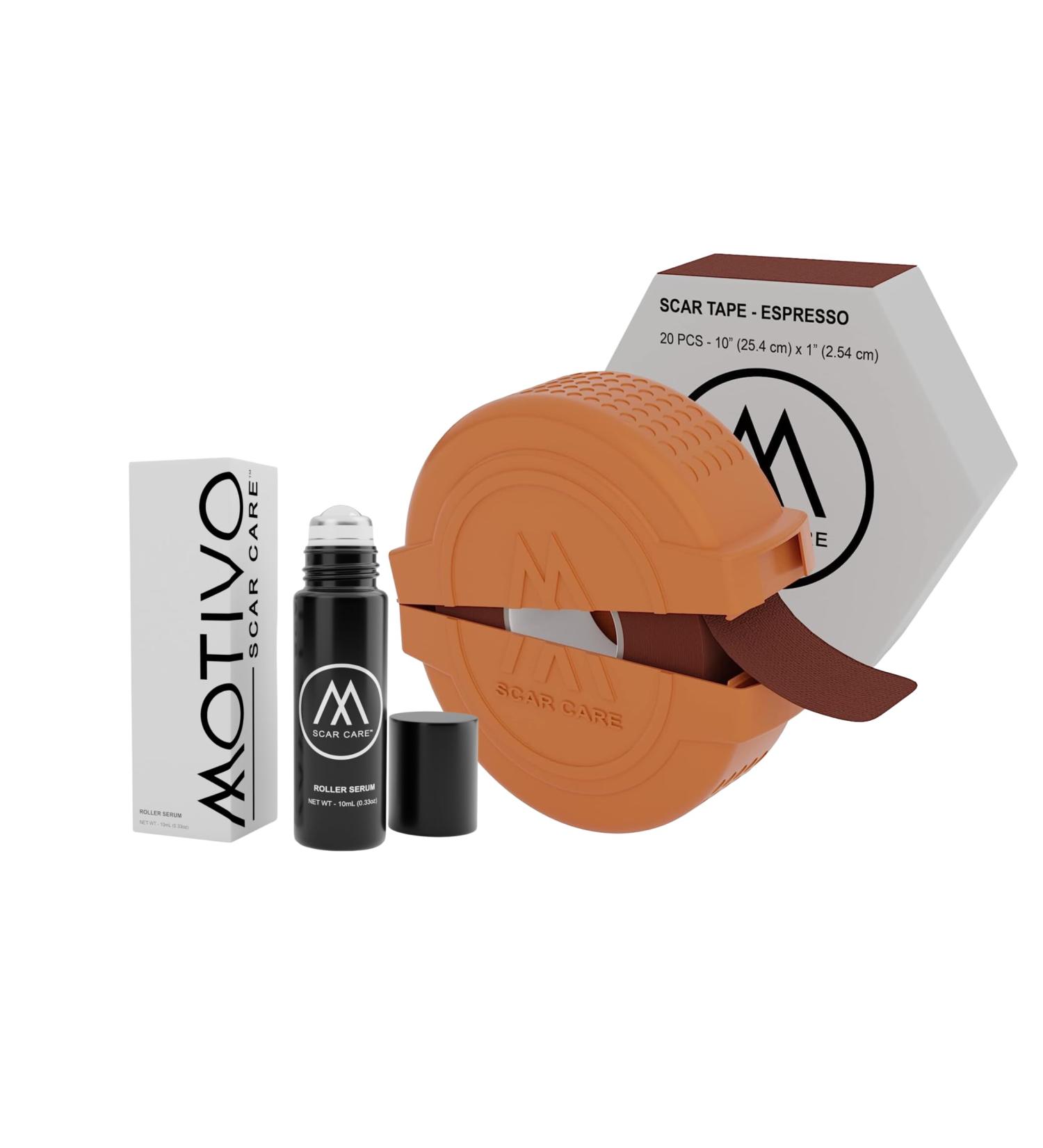 Motivo Scar Care Bundle - Scar Tape & Roller Serum (10ml) | Water & Sweat Resistant | For Surgical, C-Section, Trauma & Acne Scars | Ideal for All Skin Types | Espresso - Buy Online on GoSupps.com