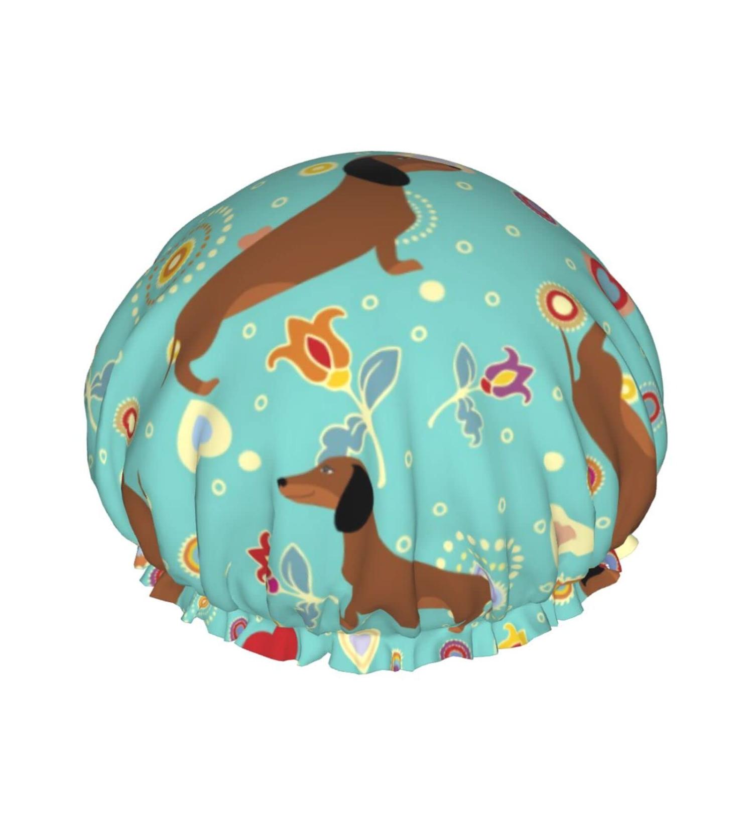 Dachshunds on Turquoise Floral Shower Cap for Women - Double Waterproof Layers, Large Size - Ideal for Bathing and Hair Protection - Buy Online on GoSupps.com