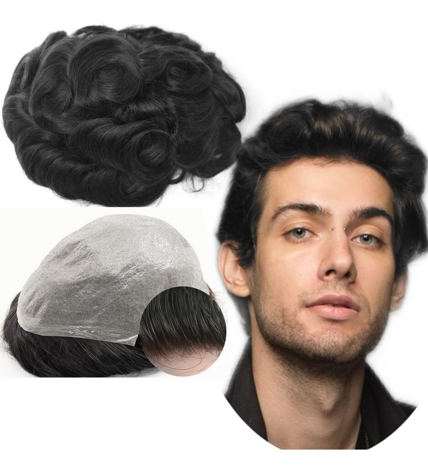 Real Hair Toupet for Men | YanaHair Wavy V-Loop PU Thin Skin System | European Real Hair Wig #1B Natural Black (10x8) - Buy Online on GoSupps.com