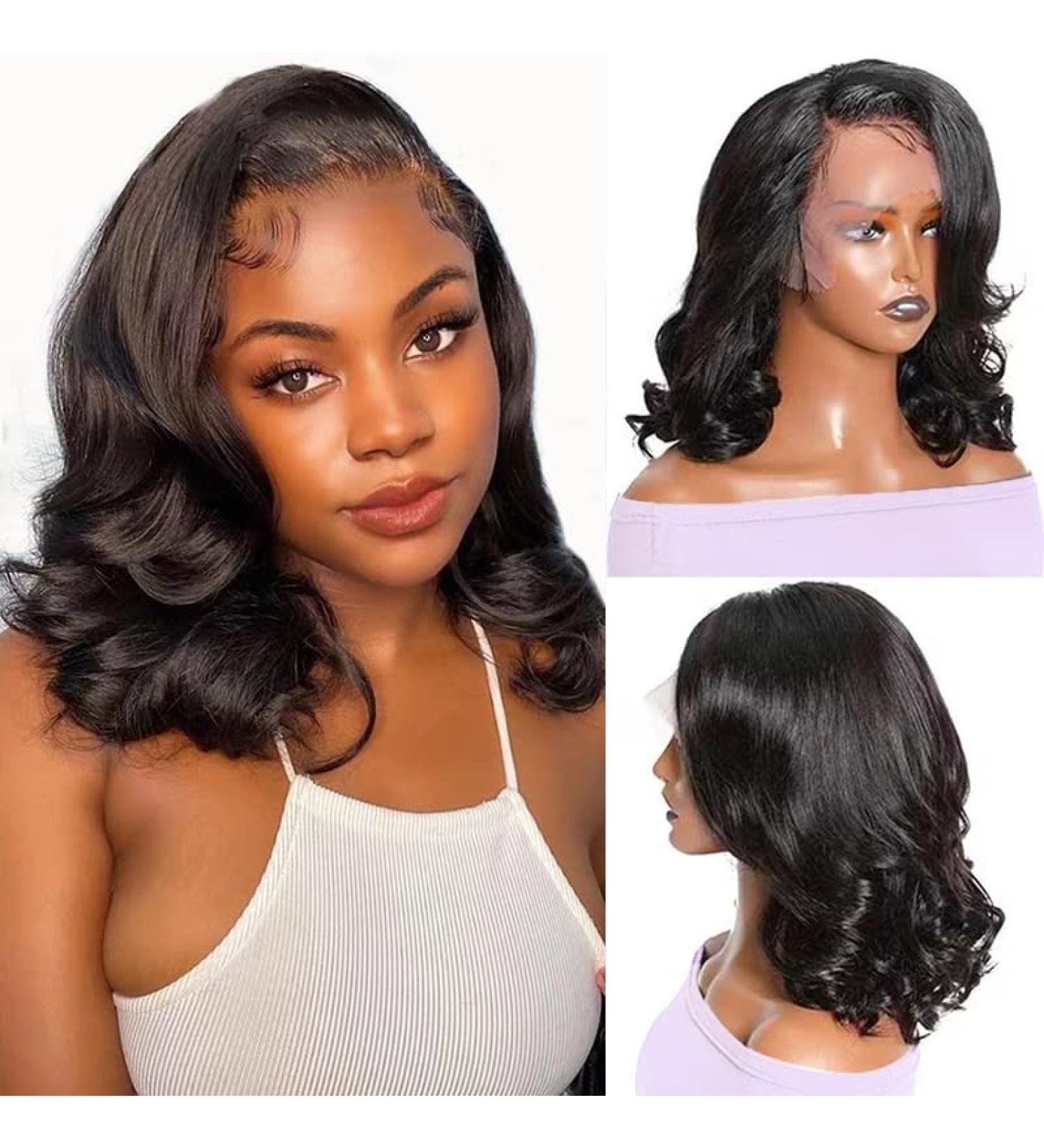 Short Wavy Bob Lace Front Human Hair Wig - 12 Inch Natural Black | Pre Plucked with Baby Hair | 13x4 HD Transparent 150% Density | Natural Color Loose Wave Wig for Women - Buy Online on GoSupps.com
