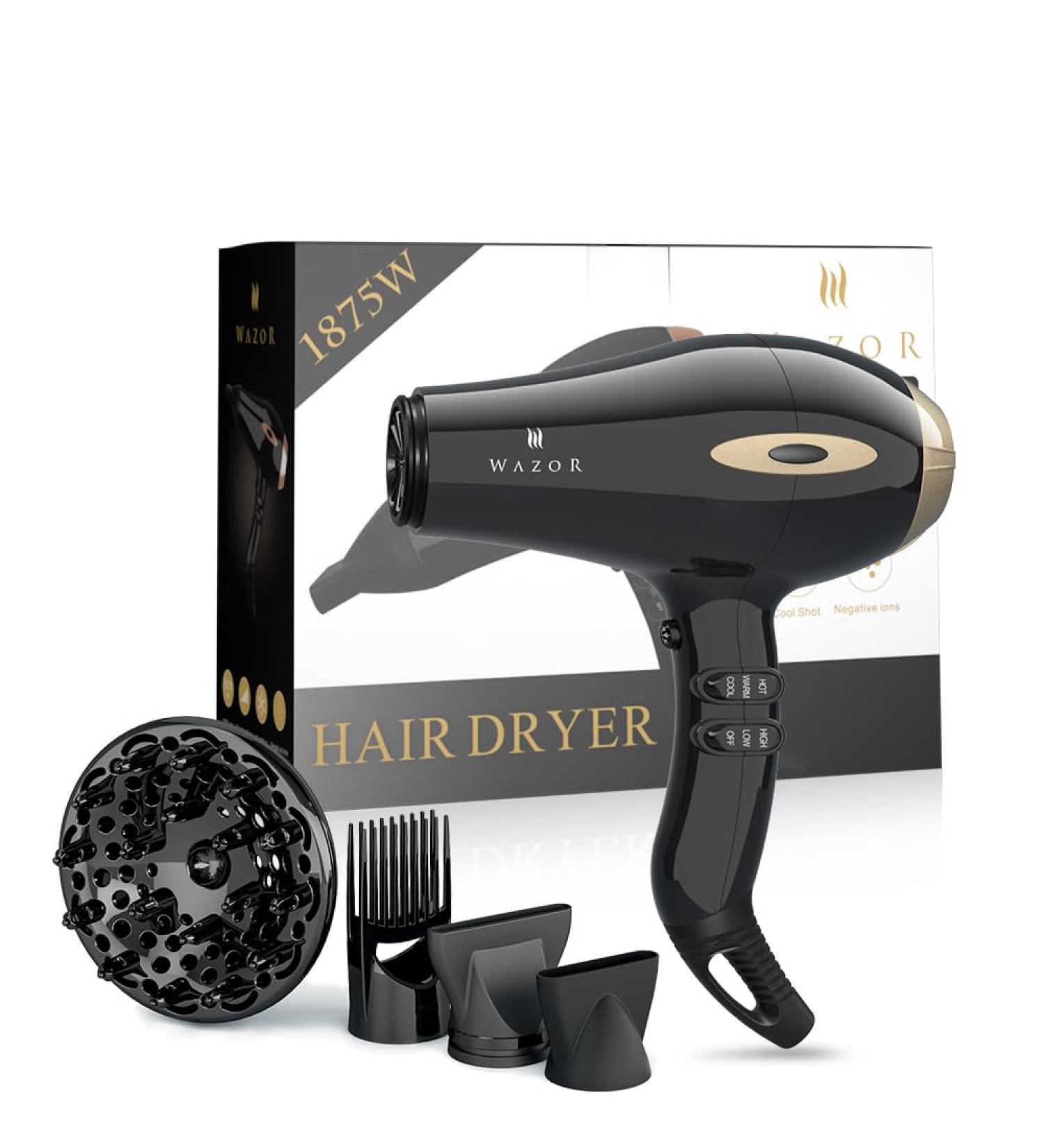 Professional Ionic Hair Dryer 1875W - Salon Quality Compact Blow Dryer with Diffuser Comb & Nozzles - Fast Drying 2 Speed & 3 Heat Settings - Perfect for Home Salon - Buy Online on GoSupps.com
