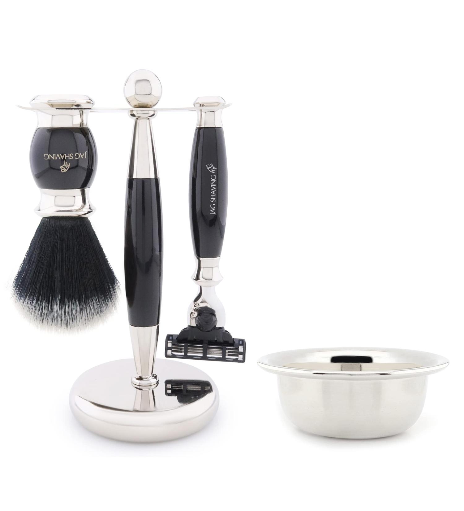 JAG Shaving Razor Set - 4-Piece Premium Shaving Kit with Black Synthetic Brush 3 Edged Razor Bowl & Rack - Perfect Gift Set - Buy Online on GoSupps.com