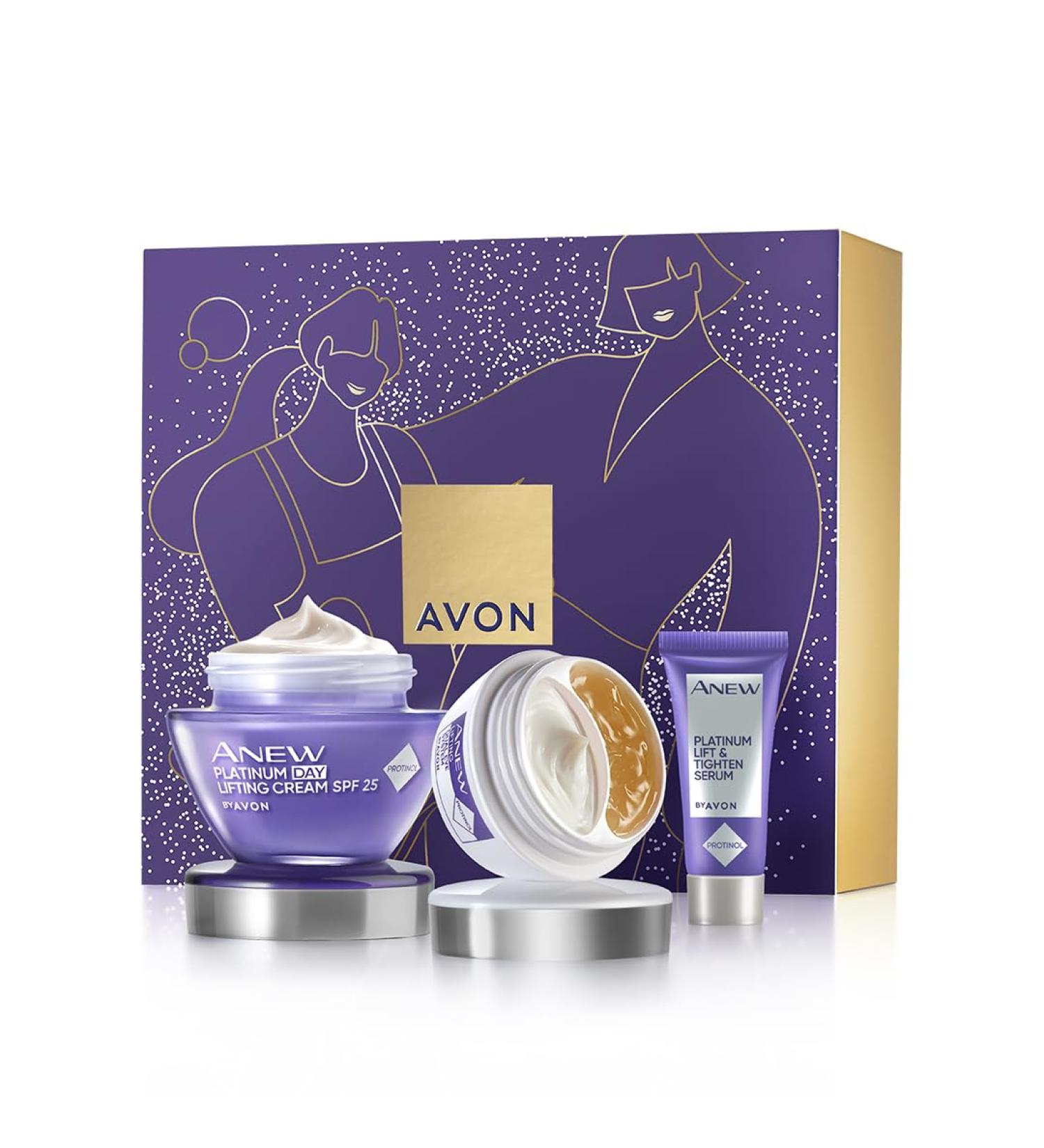 Avon Protinol Three Piece GiftSet of Renewal Power Serum 30ml Renewal Power Eye Cream 15ml Platinum Day Lifting Cream SPF25 50ml Platinum Night Cream 50ml and Gua Sha Tool in a Gift Box
