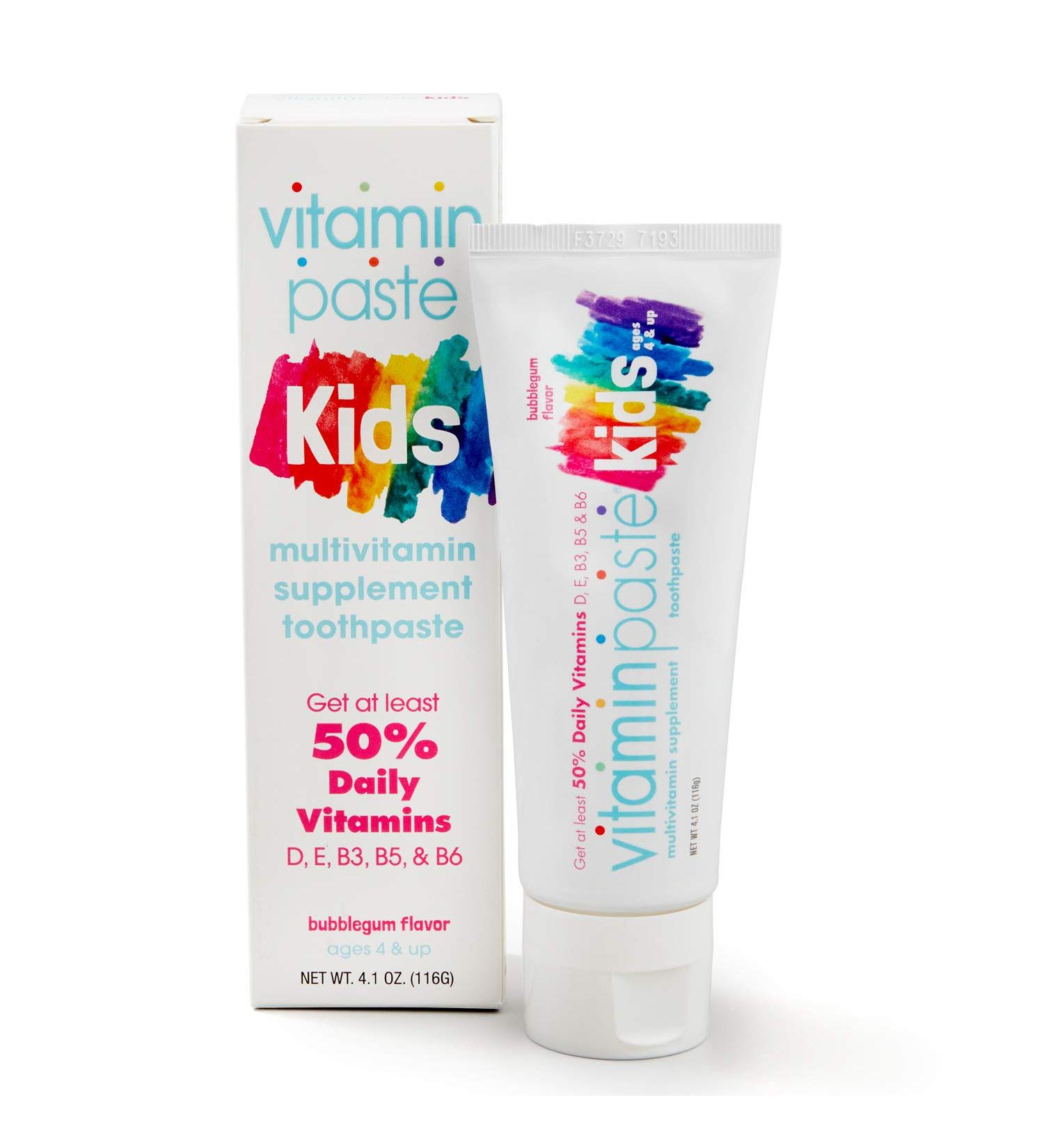 Vitaminpaste Kids Toothpaste with Daily Multivitamins - Fluoride Free, Fresh Breath, Anti-Cavity - Bubble Gum Flavor - 4.1oz - Buy Online on GoSupps.com