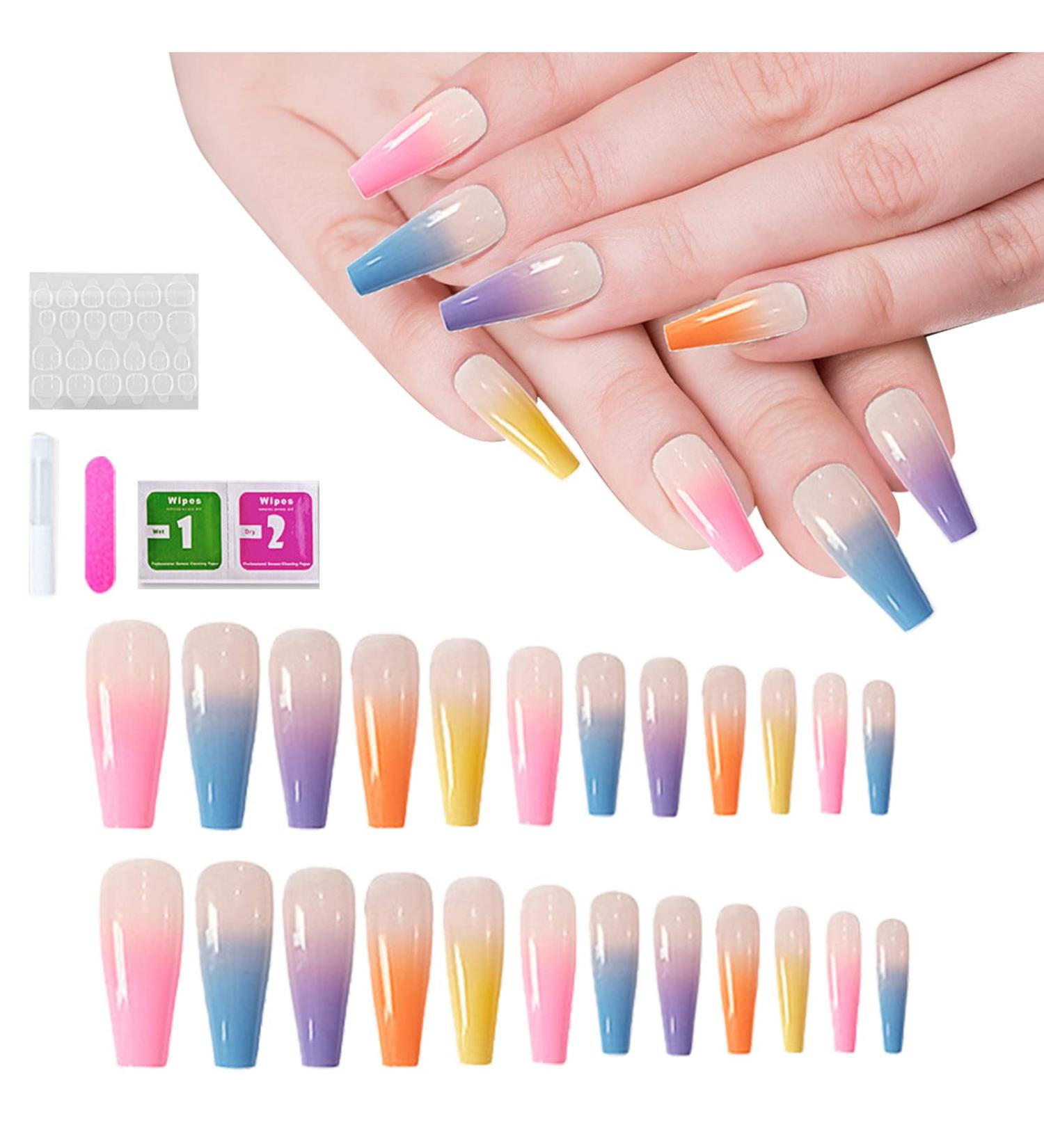 24pcs Rainbow Press On Nails Long Ballerina False Nails Full Cover Coffin Fake Nails Stick On Nails Neon Tip French Manicure Artificial Nails Acrylic Nails Stick On Nail False Tips for - Buy Online on GoSupps.com