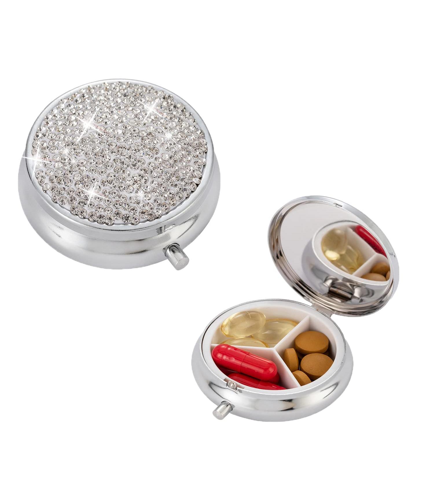 Bling Pill Box - 3 Compartment Medicine Organizer with Rhinestones | Waterproof Silver Pill Case for Vitamins & Supplements - Buy Online on GoSupps.com