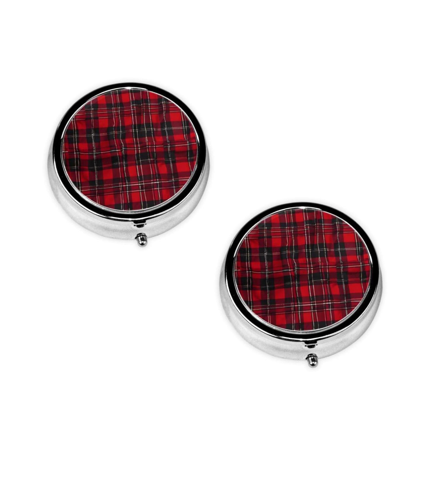 Plaid Red and Black Round Pill Box - 3 Compartment Mini Decorative Pocket Organizer for Travel Medicine & Vitamins - Buy Online on GoSupps.com