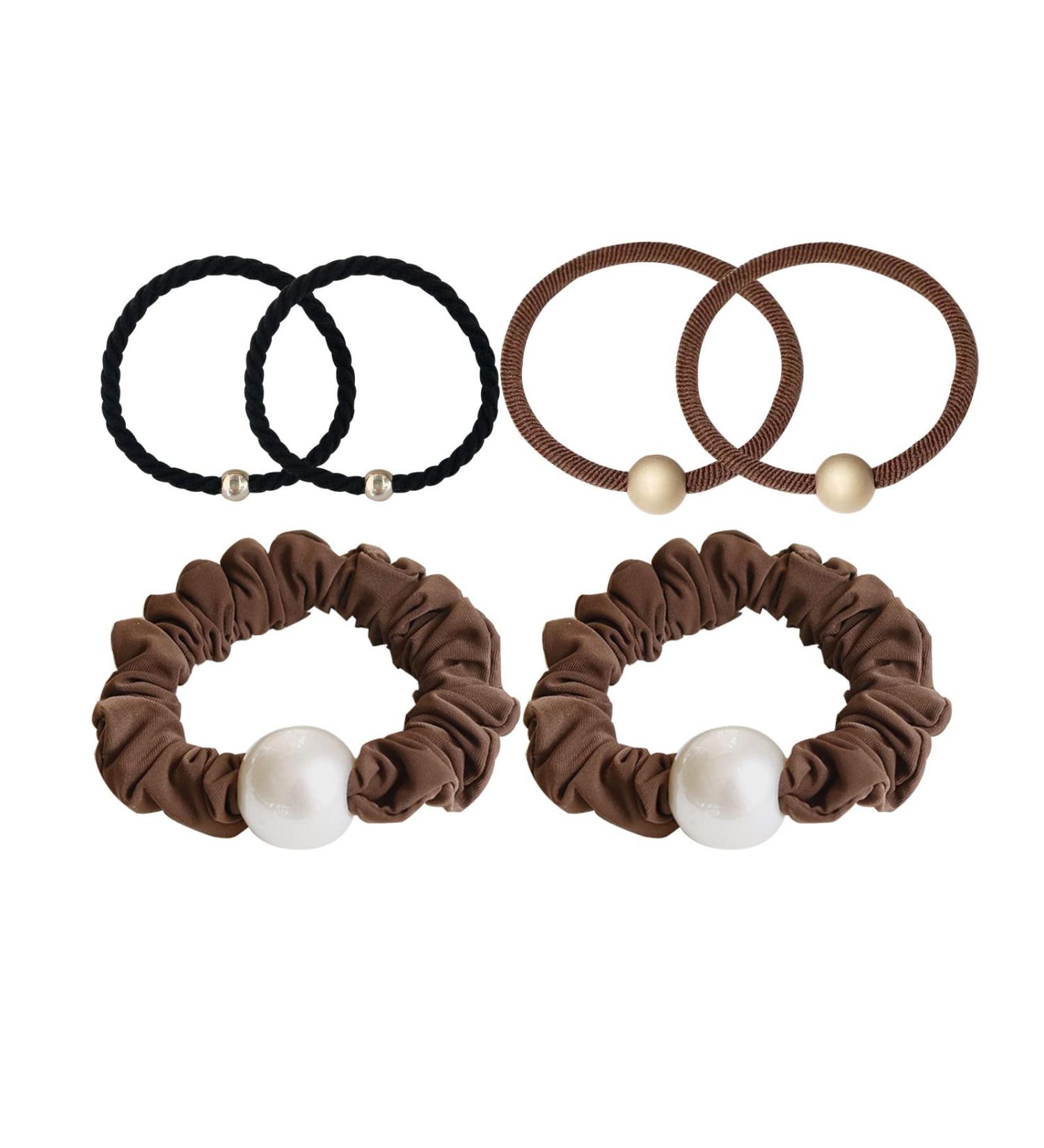 Jseng 6 Pcs Pearl Hair Scrunchies Hair Ties - Elegant Hair Accessories for Long Thick Ponytail - Brown and Black - 3 Styles Included - Buy Online on GoSupps.com