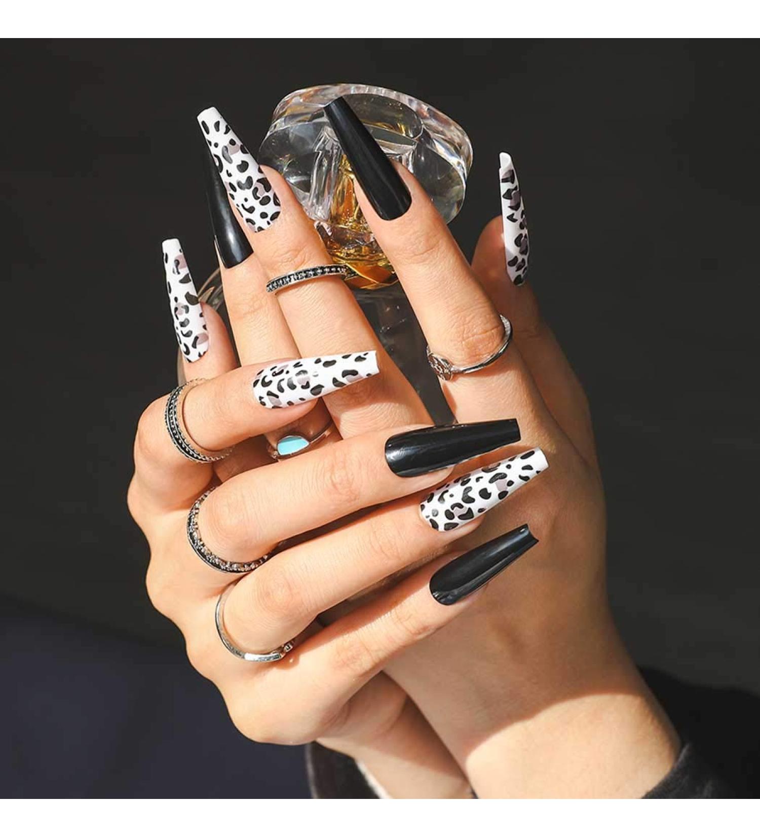 Buy Sethain Glossy Sparkle Green Rhinestone False Nails - Long Coffin Press-On Nail Art for Women & Girls | Black Leopard Print | International Shipping - Buy Online on GoSupps.com