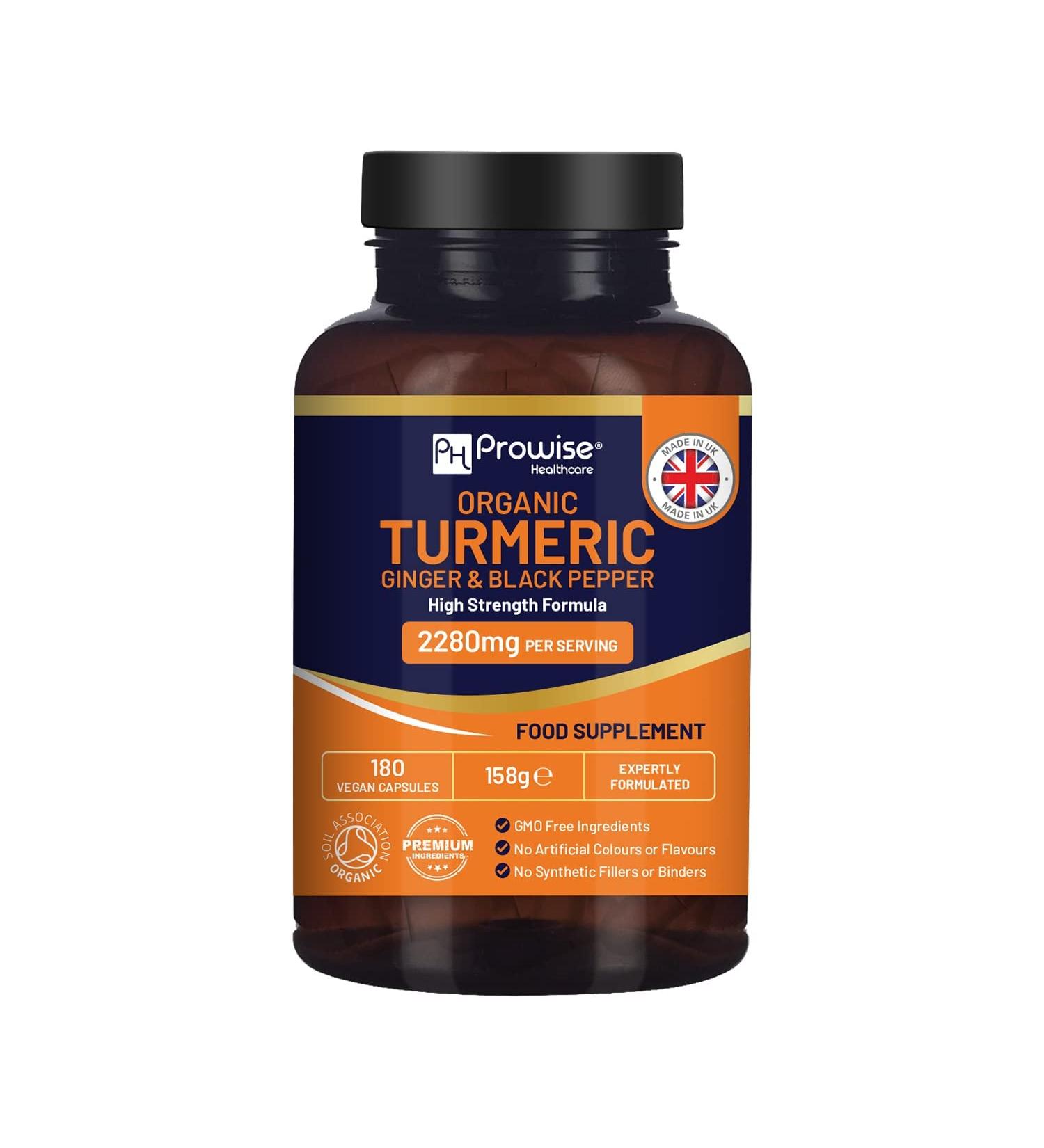 Organic Turmeric 2280mg with Black Pepper & Ginger - 180 Vegan Capsules | High Strength Curcumin Supplement | UK Made by Prowise Healthcare - Buy Online on GoSupps.com