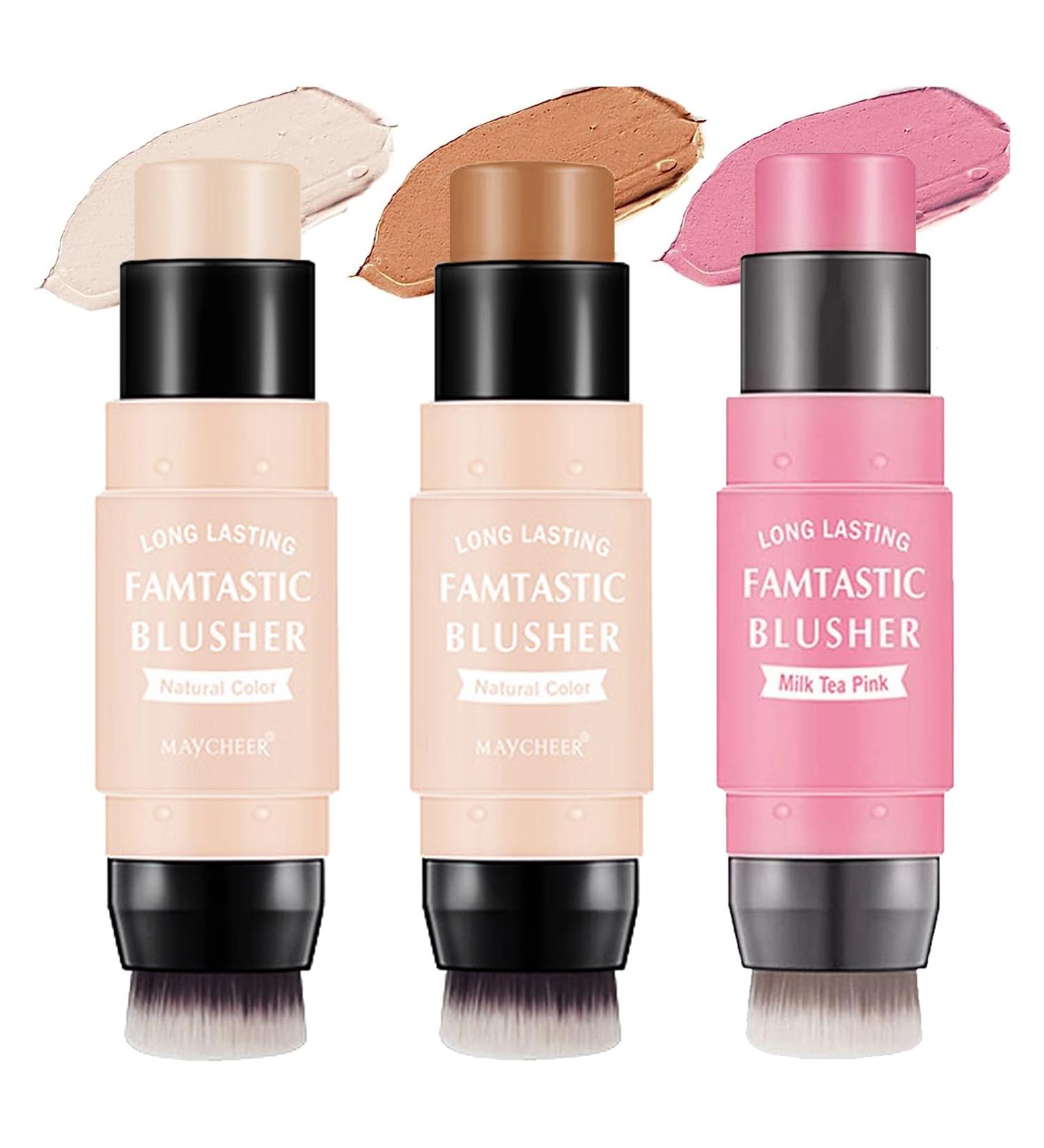 3Pcs Cream Blush & Highlighter Sticks for Cheeks & Lips - Highlighting Bronzer Pen for All Skin - High Gloss White & Milk Tea Pink - 3 Count (Pack of 1) - Buy Online on GoSupps.com