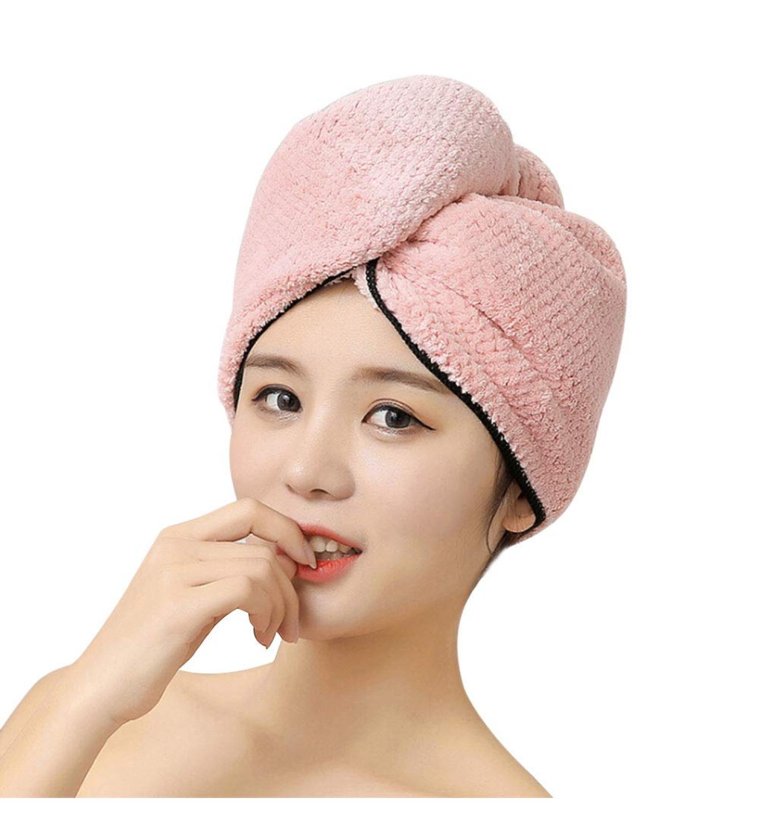 Fast-Drying Bathroom Shower Turban for Adults - Soft Microfiber Hair Dryer Towel with Button - Coral Fleece Elastic Head Towel for Women & Girls - Pink - Buy Online on GoSupps.com