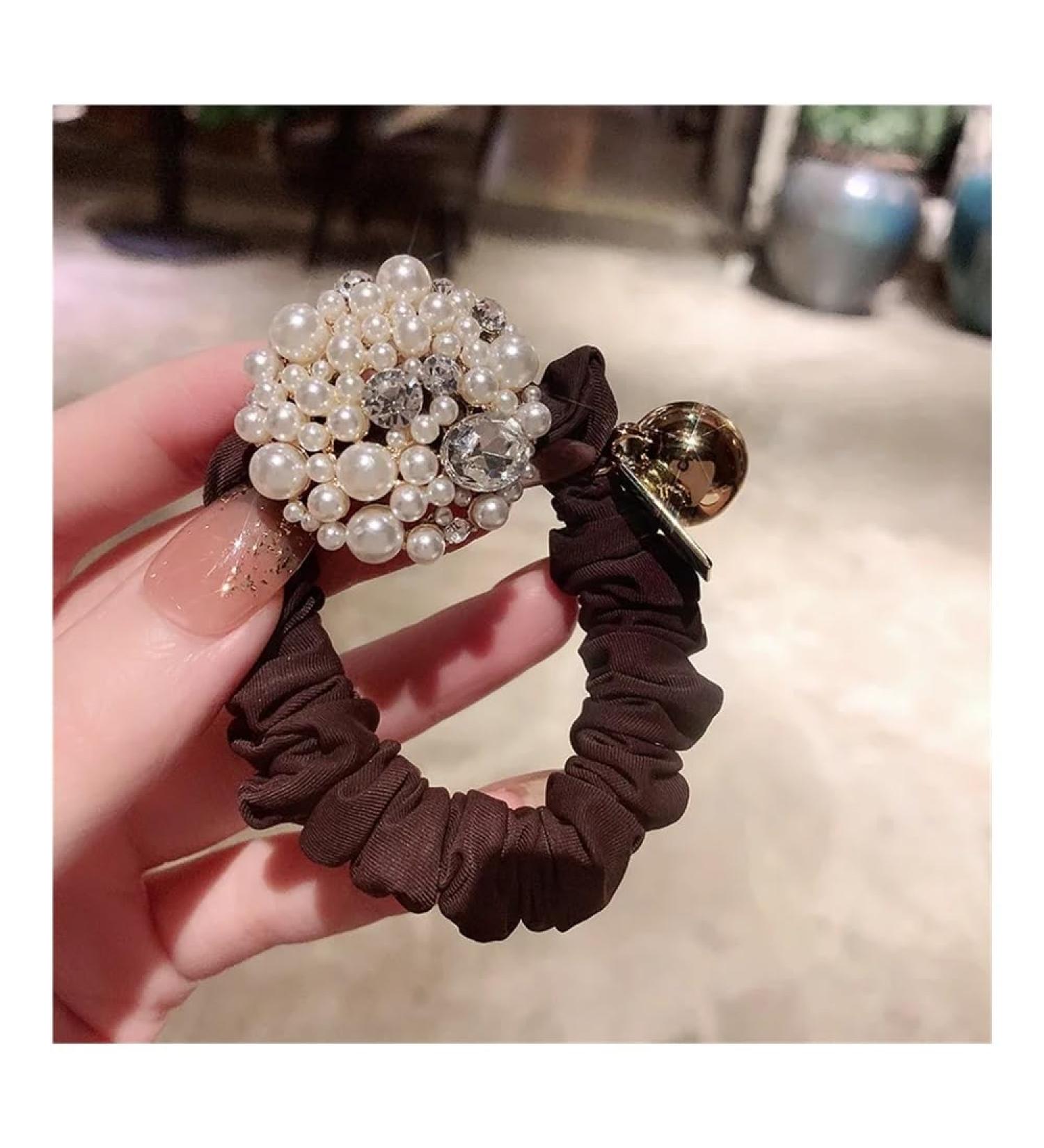 Pearl Girl's Small Intestine Hair Rope and Horsetail Fashionable Back Head Tie Hair Loop Simple and Elegant Dressing Headband(Brown) - Buy Online on GoSupps.com