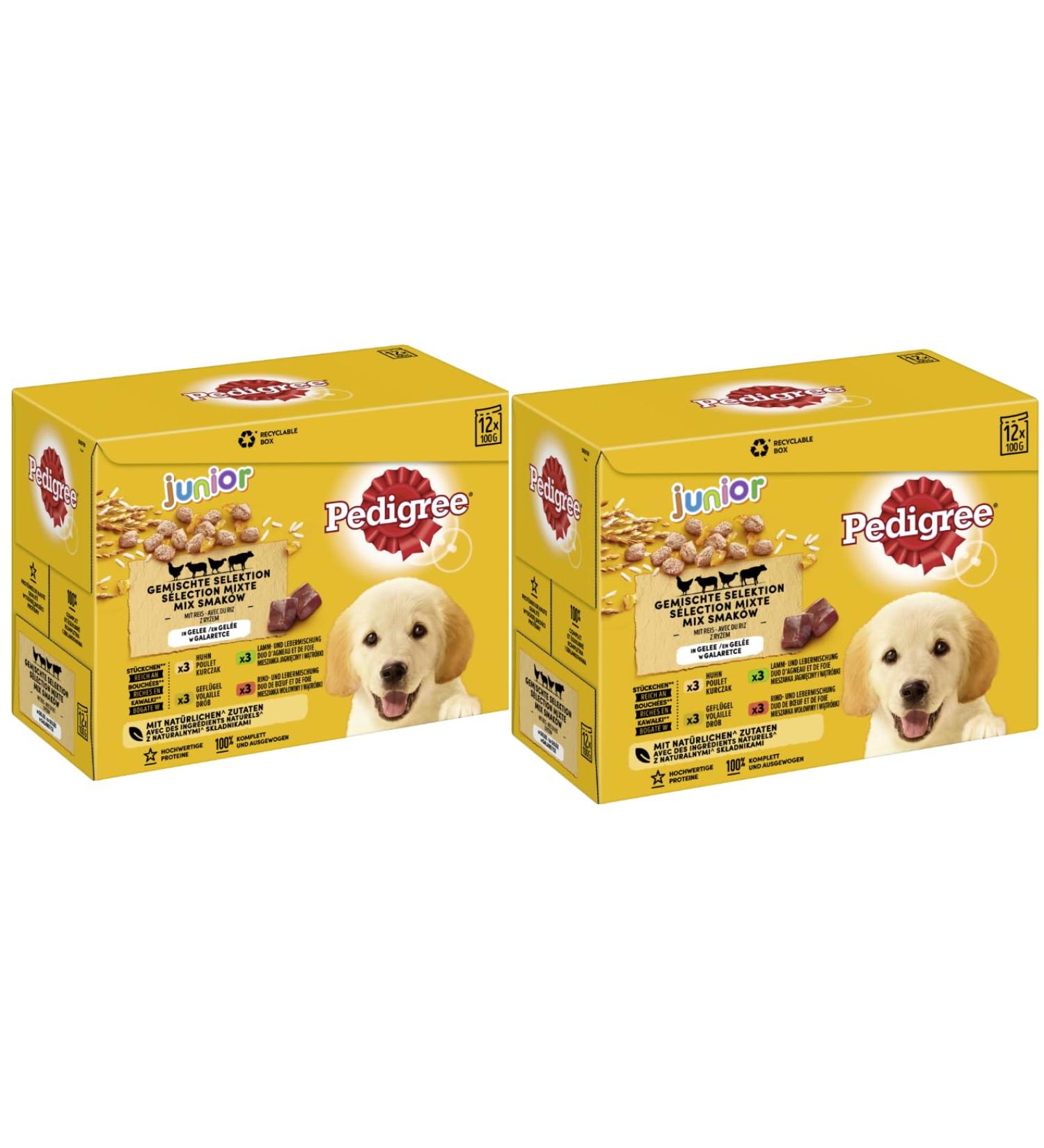 Pedigree Multipack - Various flavors (2x12x100g junior 4 varieties in jellies with chicken beef+liver poultry lamb+liver) Junior 4 varieties in jellies with chicken beef+liver poultry lamb+liver 2.4 kg (1 Pack)