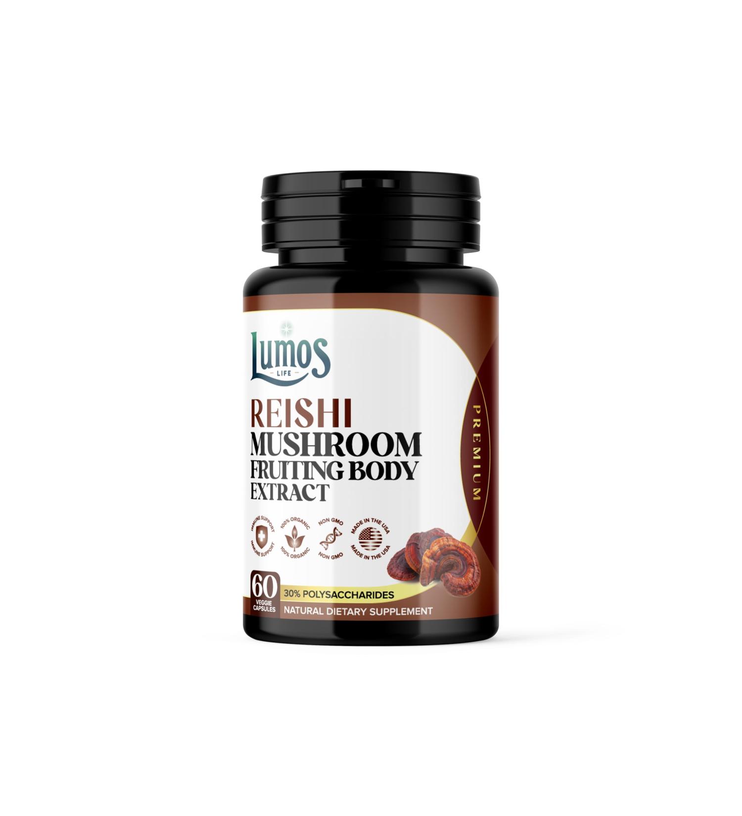 Lumos Life Reishi Mushroom Supplement Capsules - Organic - Made in USA - Fruiting Bodies Extract - 1000 mg 30% Polysaccharides - Immune Support & Stress Relief - As Reishi Powder - 60 Capsules