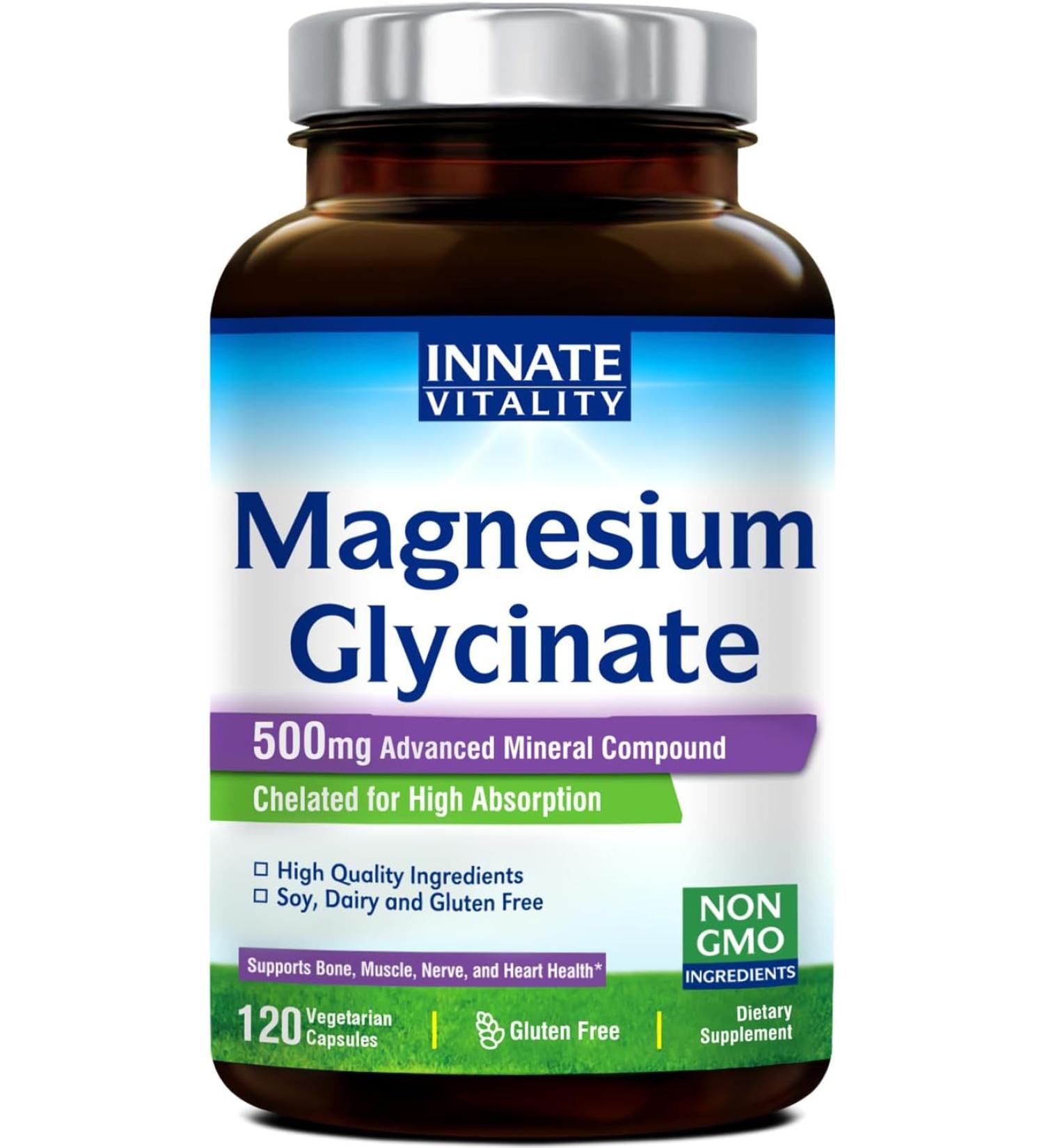 Innate Vitality Magnesium Glycinate 500mg - High Absorption, Non-GMO, 120 Veggie Capsules for Nerve, Muscle, Bone & Heart Health - Buy Online on GoSupps.com