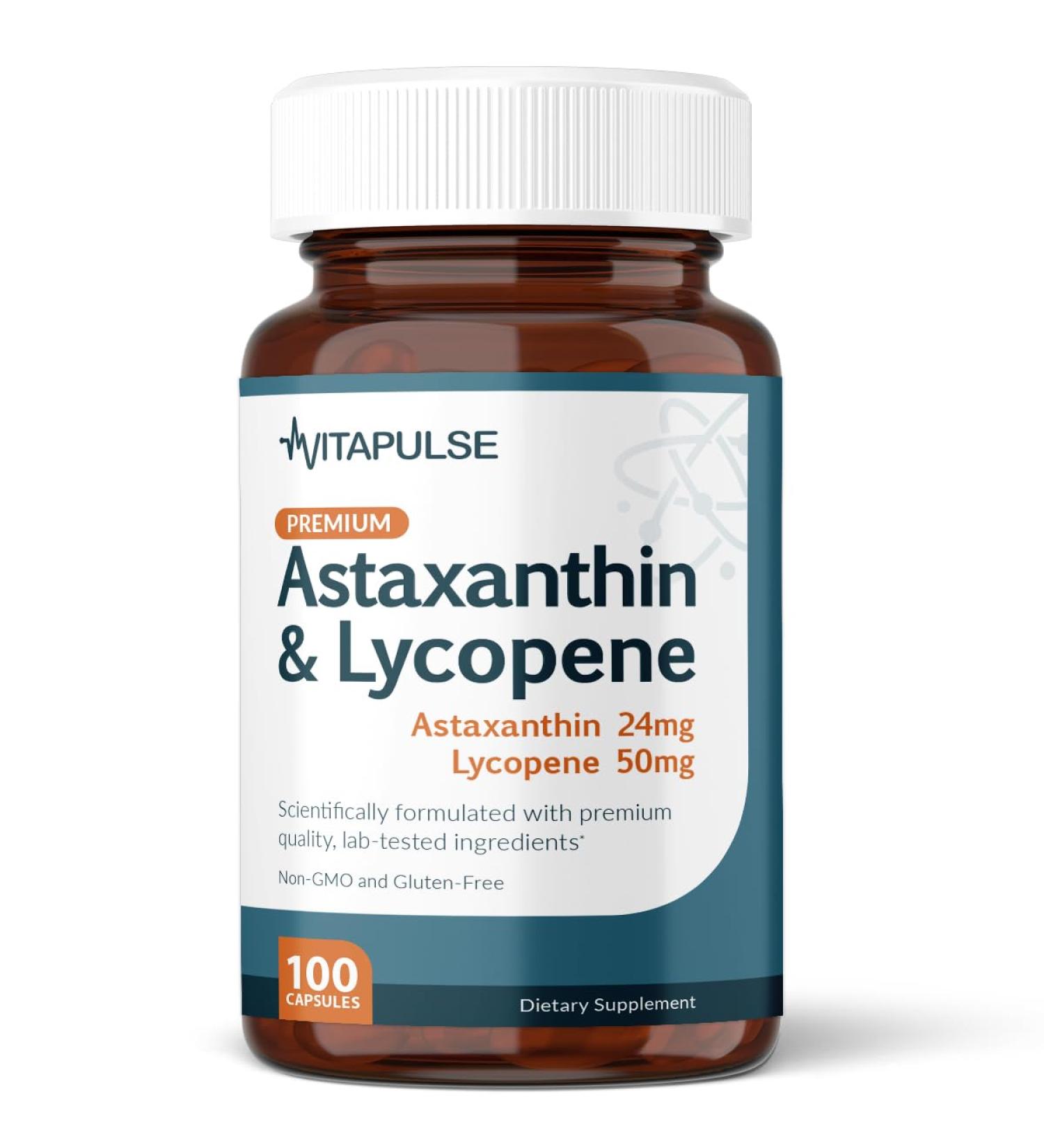 VitaPulse Astaxanthin 24mg with Lycopene 50mg Supplement 100 Vegetarian Capsules Non-GMO Gluten Free - Buy Online on GoSupps.com