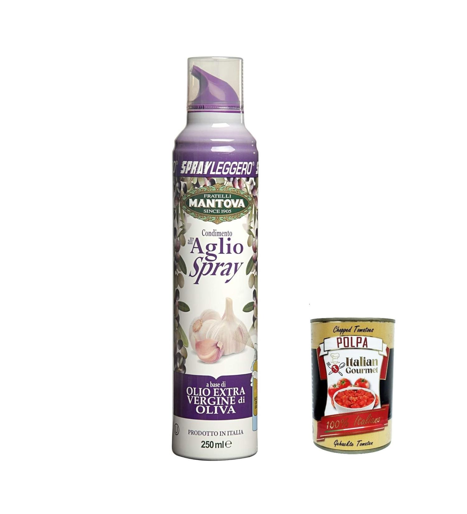  Italian Gourmet E.R. SPRAYLEGGERO Pack of 6 bottles of extra virgin olive oil flavored with garlic 250 ml thanks to the practical sprayer you can save up to 90% of the oil + gourmet Italian polpa 400 g - Buy Online on GoSupps.com