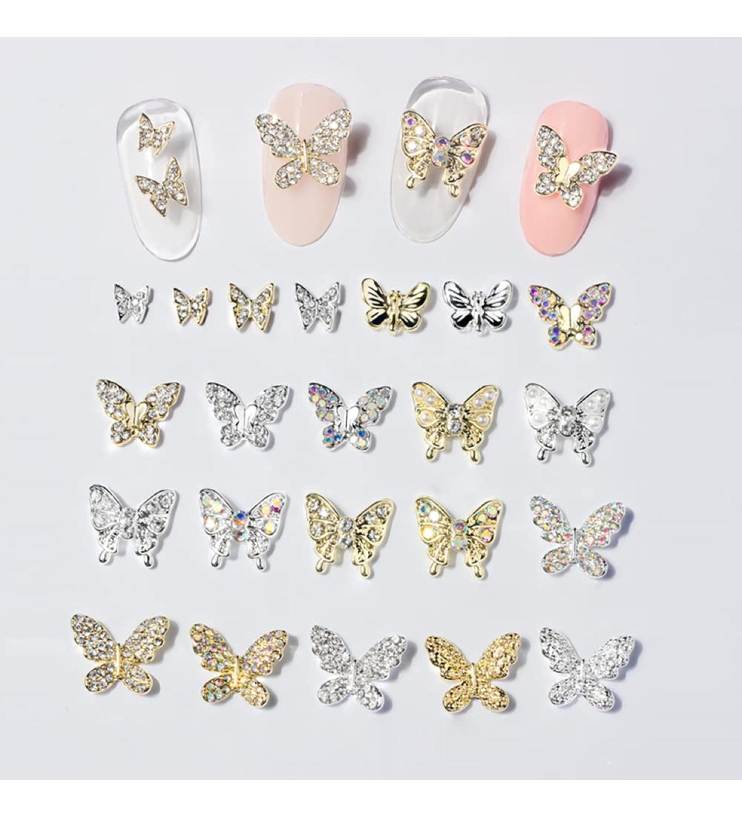 22 Pcs 3D Butterfly Nail Charms - Gold & Silver Rhinestone Gems for Women's DIY Nail Art and Craft Jewelry - Buy Online on GoSupps.com