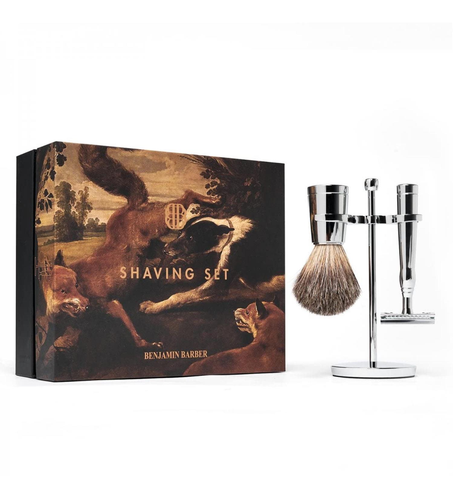 Benjamin Barber Classic 3-Fold Razor Brush Set - Premium Men's Shaving Set in Chrome | Durable Stainless Steel Safety Blade & Brush - Buy Online on GoSupps.com