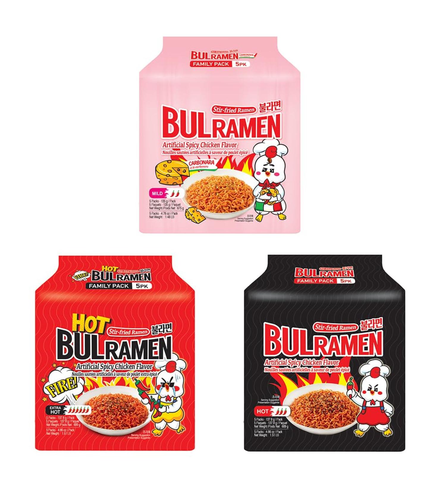 Koreafood Bulramen Ramen 3-Pack of 5 Variety Packets: Carbonara + Original + Extra Hot Noodle: Korean hot chicken Buldak ramen Korean food super spicy instant - Buy Online on GoSupps.com