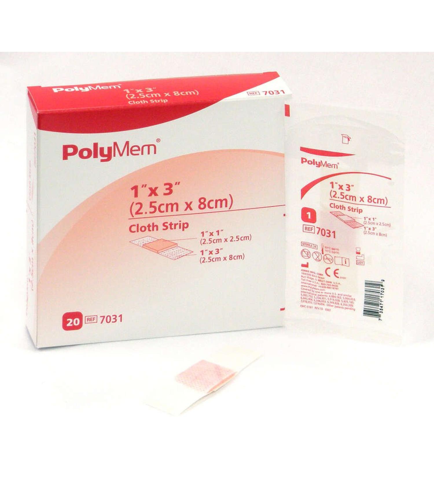 PolyMem Cloth Strip Wound Dressing  Sterile  Foam  1' X 3' Adhesive  1' X 1' Pad  7031 (Box of 20)