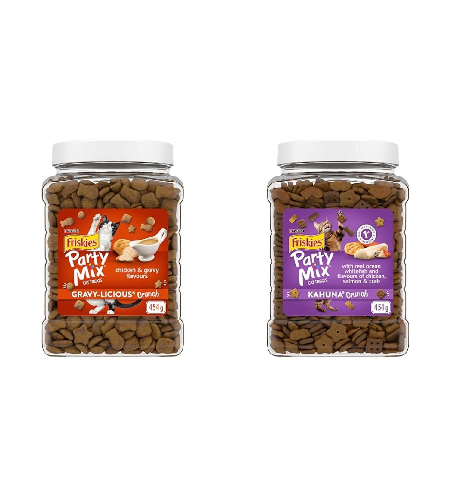 Friskies Party Mix Cat Treats Gravy-Licious Crunch Chicken and Gravy - 454 g Cannister (1 Pack) & Party Mix Cat Treats Kahuna Crunch with Real Ocean Whitefish - 454 g Cannister (1 Pack) 454 g (Pack of 1) Cat Treats+ Cat Treats Kahuna - Buy Online on GoSupps.com