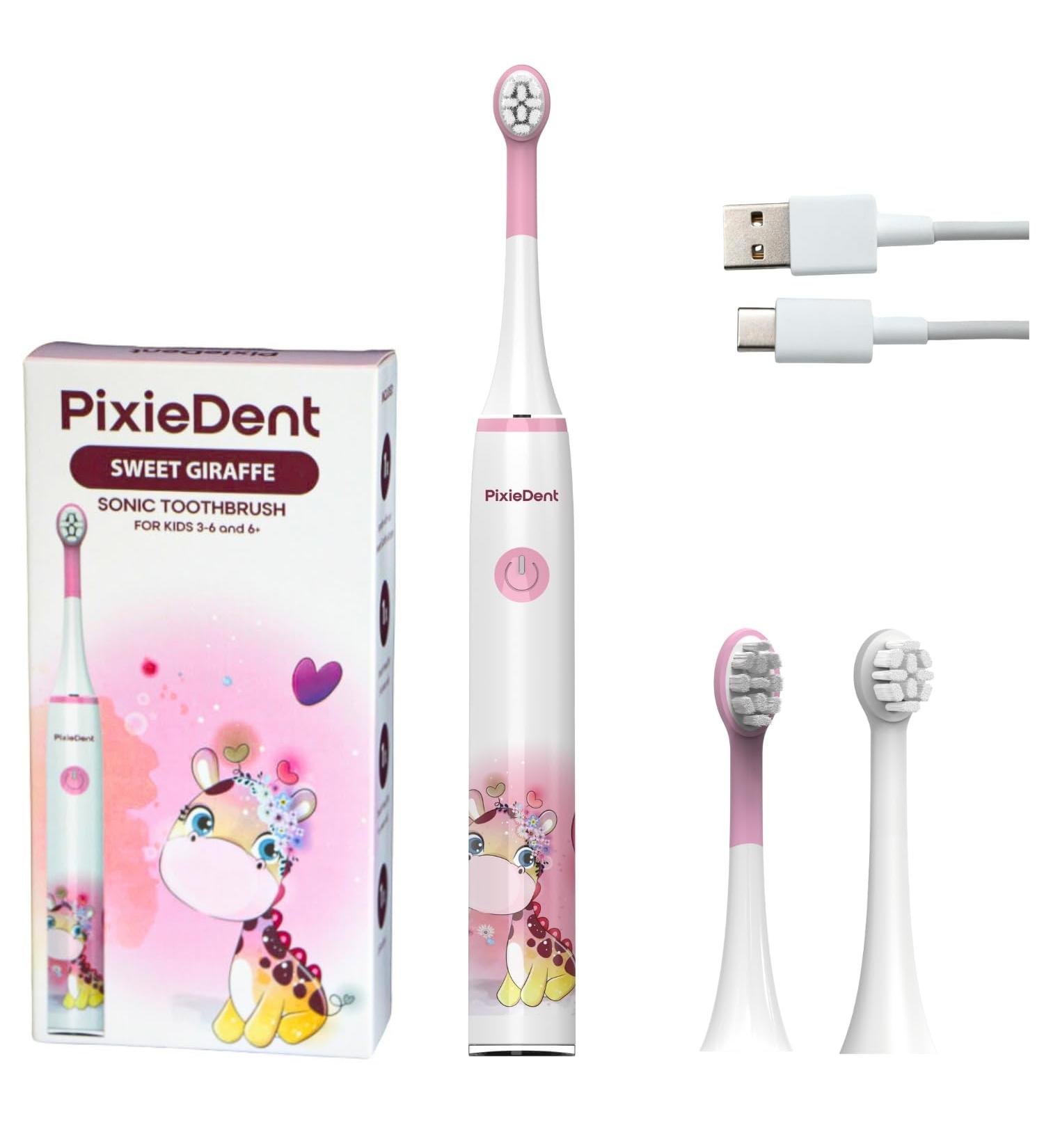 Pixiedent Electric Toothbrush for Kids - Gentle Sonic Clean 2 Replacement Brushes 2 Timer Modes Cute Giraffe Design Ages 3+ & 6+ - Buy Online on GoSupps.com