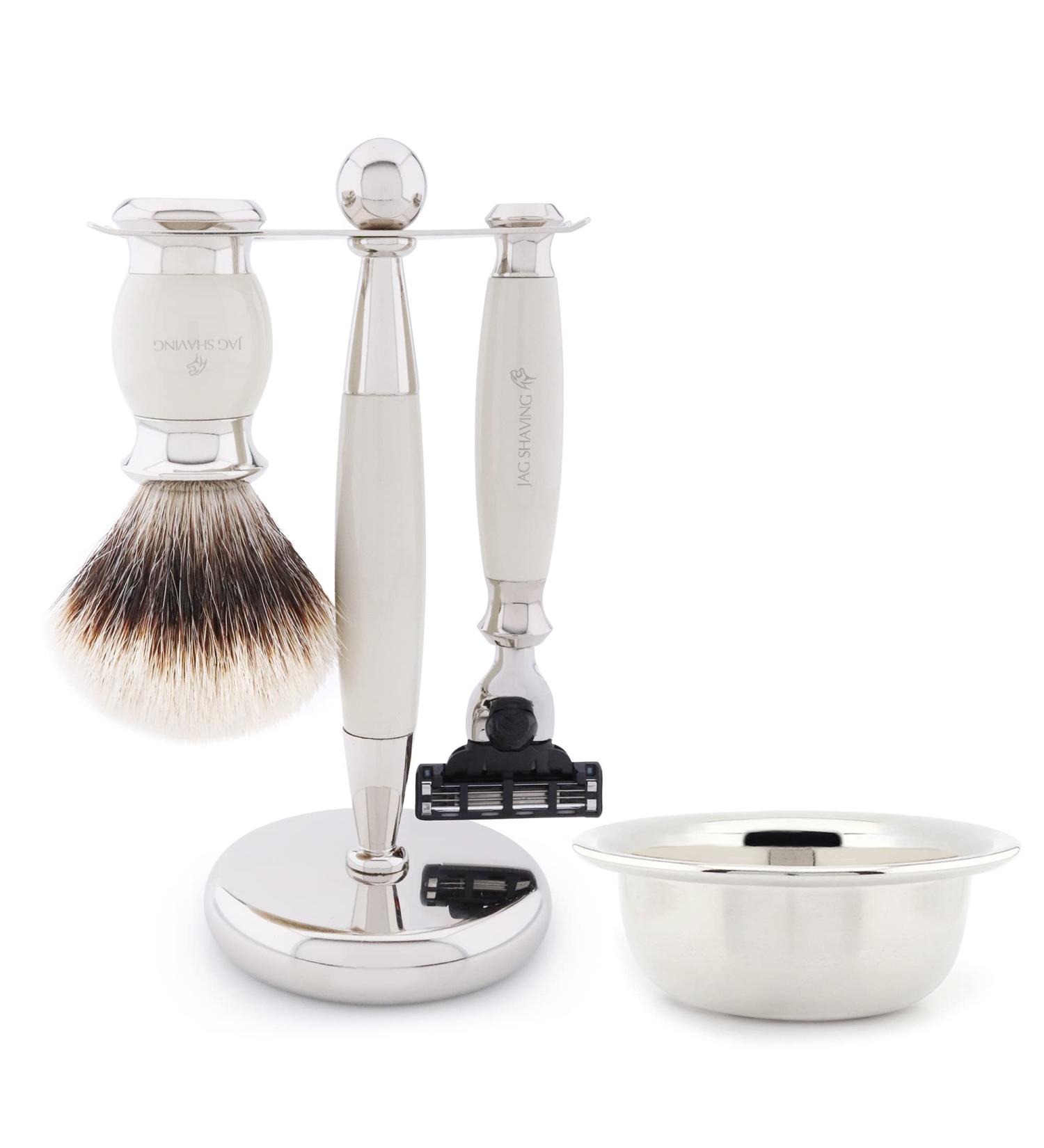 JAG Shaving Razor Set - 4-Piece Luxury Shaving Kit with Dachshaar Brush & Bowl | Ivory Gift Set for Men - Buy Online on GoSupps.com