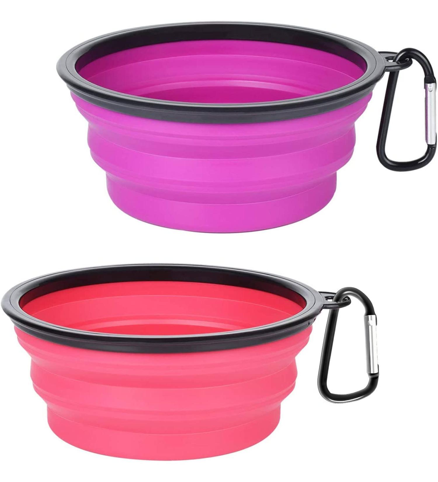Petbonus Foldable Dog Bowl Set - 2 Silicone Travel Bowls (1000ml) with Carabiners - Leak-Proof for Water & Food - Portable Dog Bowls in Purple & Pink - Buy Online on GoSupps.com