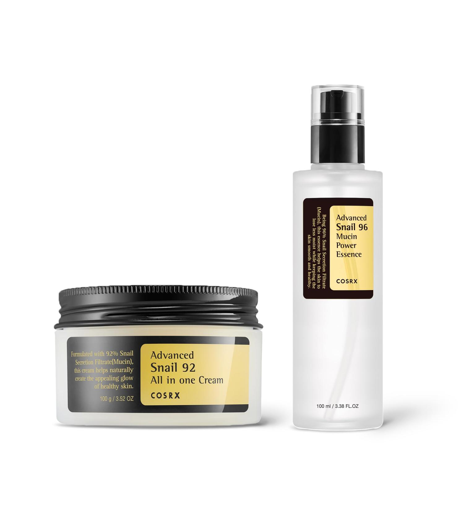 COSRX Snail Mucin Duo - Snail 92 Cream & Snail 96 Essence Daily Face Gel Moisturizer and Hydrating Serum for Face with Snail Secretion Filtrate Korean Skin Care - Buy Online on GoSupps.com